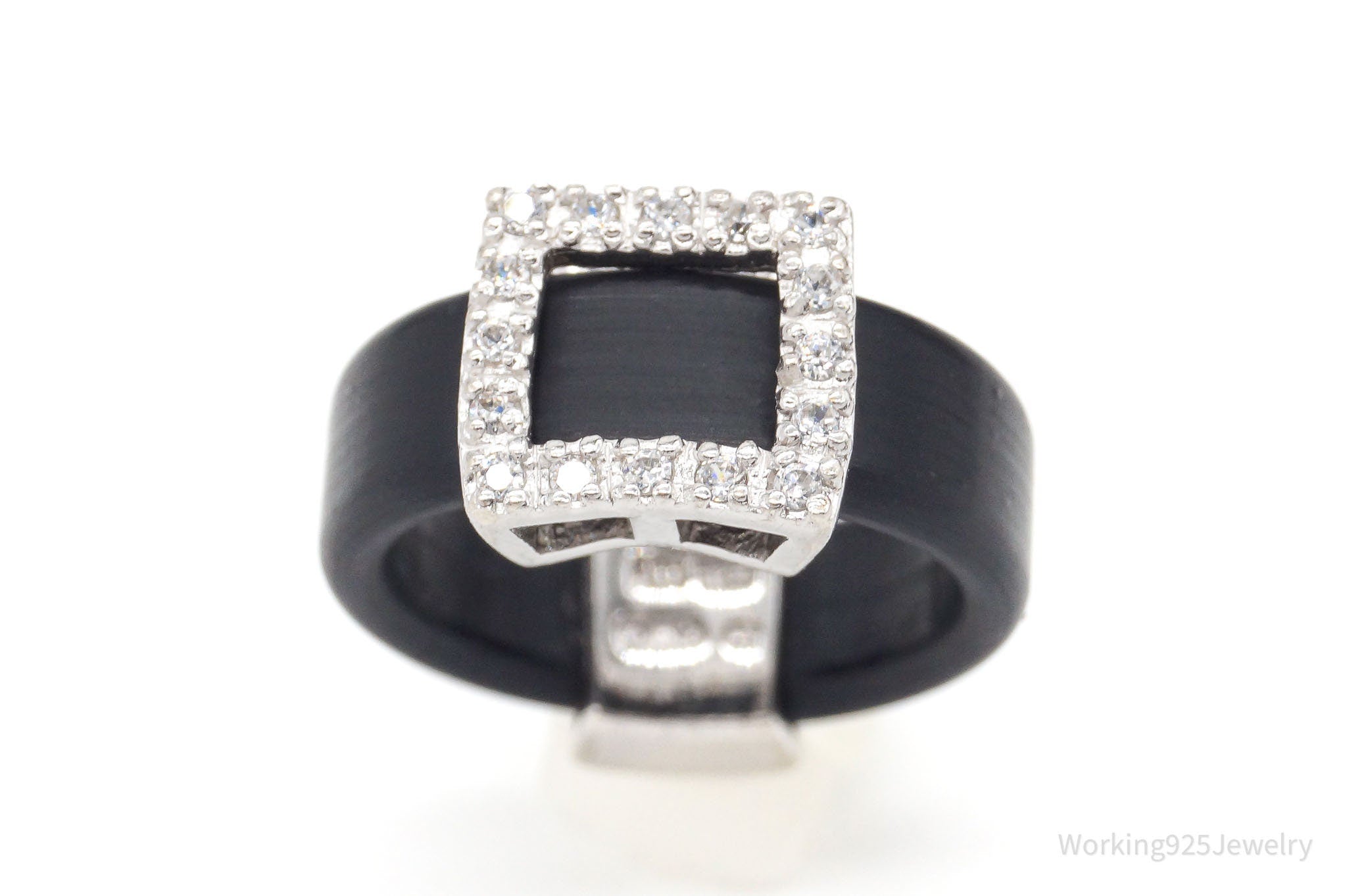 Vintage Cubic Zirconia Sterling Silver Black Rubber Ring Size 6.25