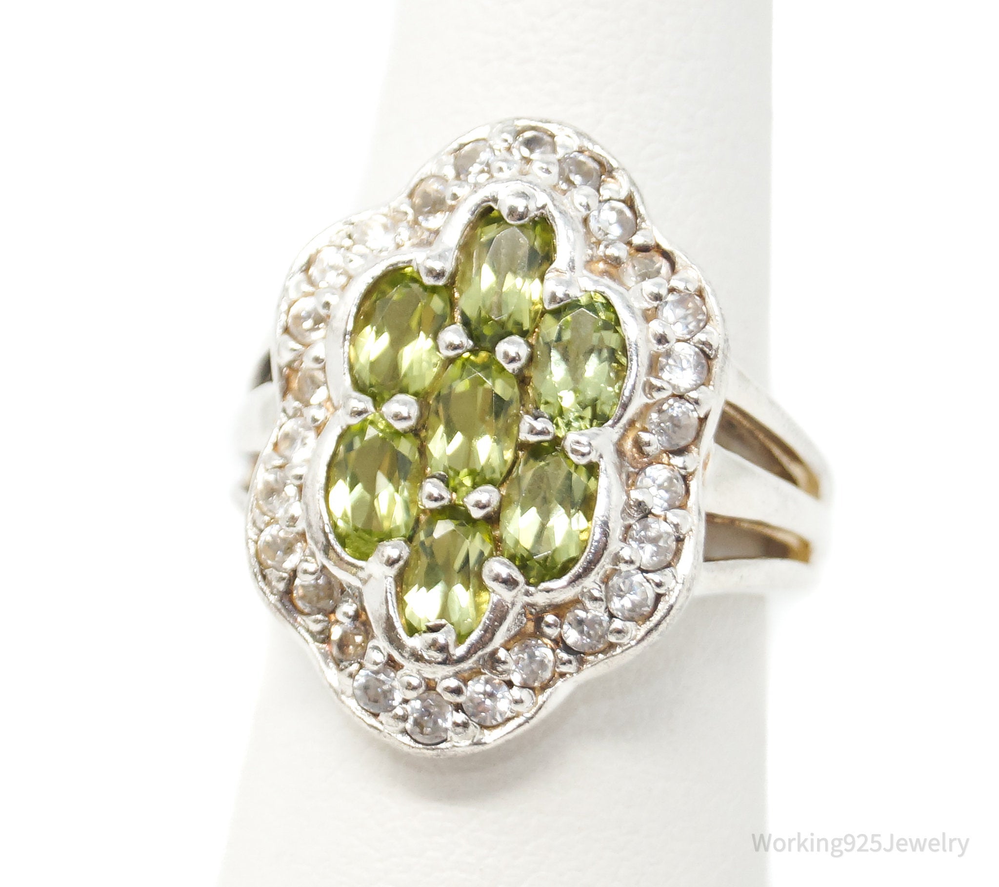 Vintage Green Peridot CZ Sterling Silver Statement Ring - Size 6.25