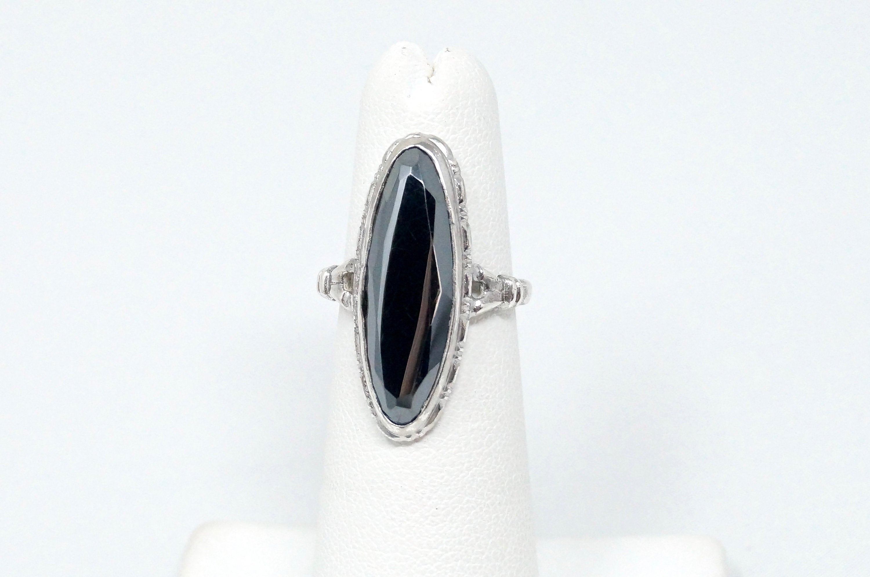 Antique Designer Large Hematite Statement Ring Sterling Silver - Size 4.75