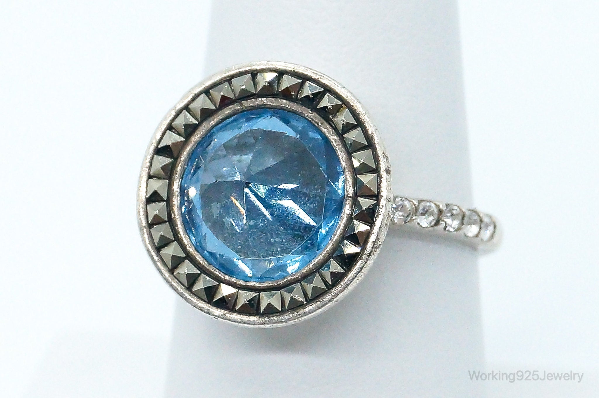 Vintage Blue Topaz Marcasite Cubic Zirconia Sterling Silver Ring Size 7