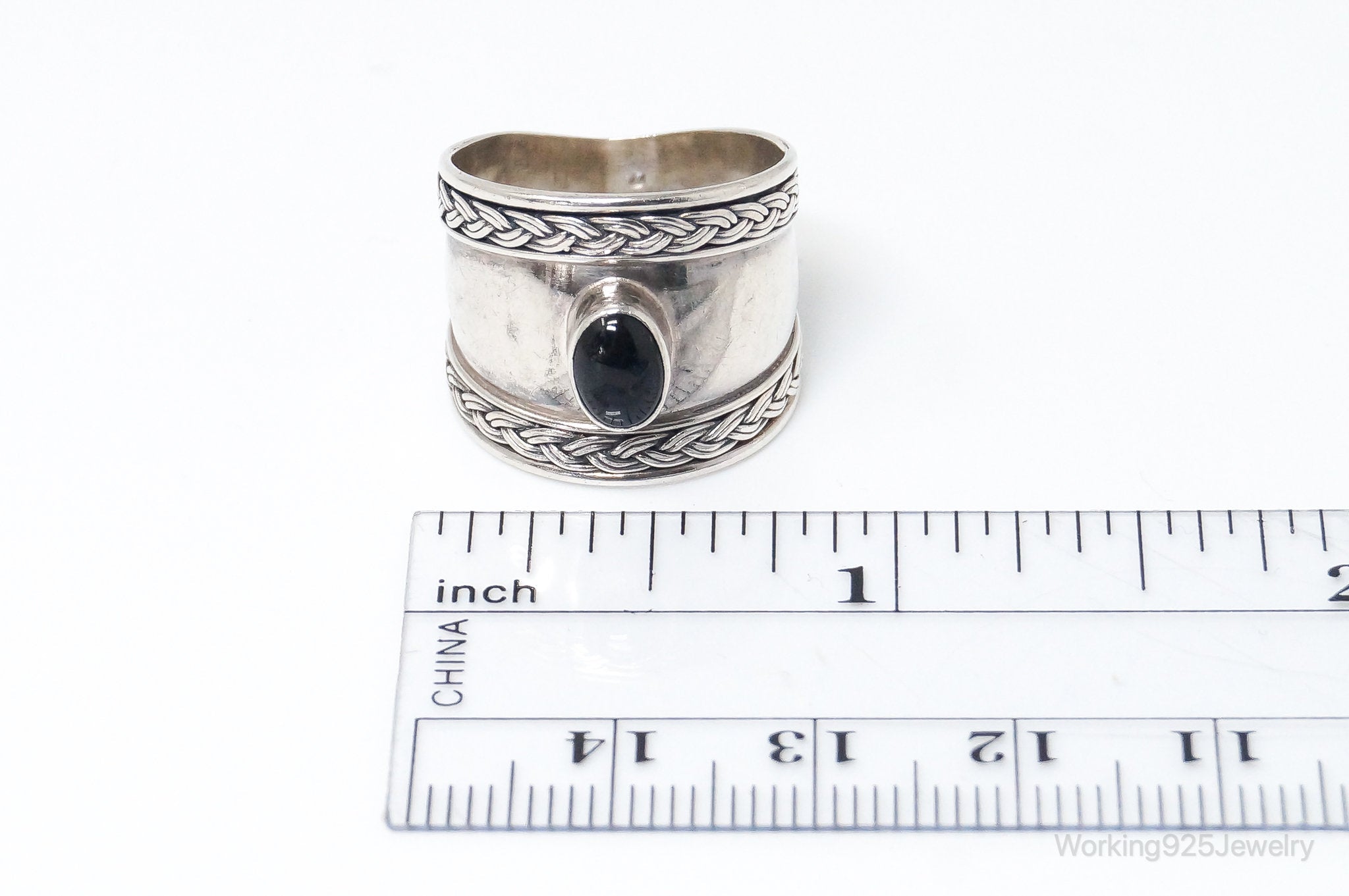 Vintage Bali Style Black Onyx Sterling Silver Ring - Size 7.5