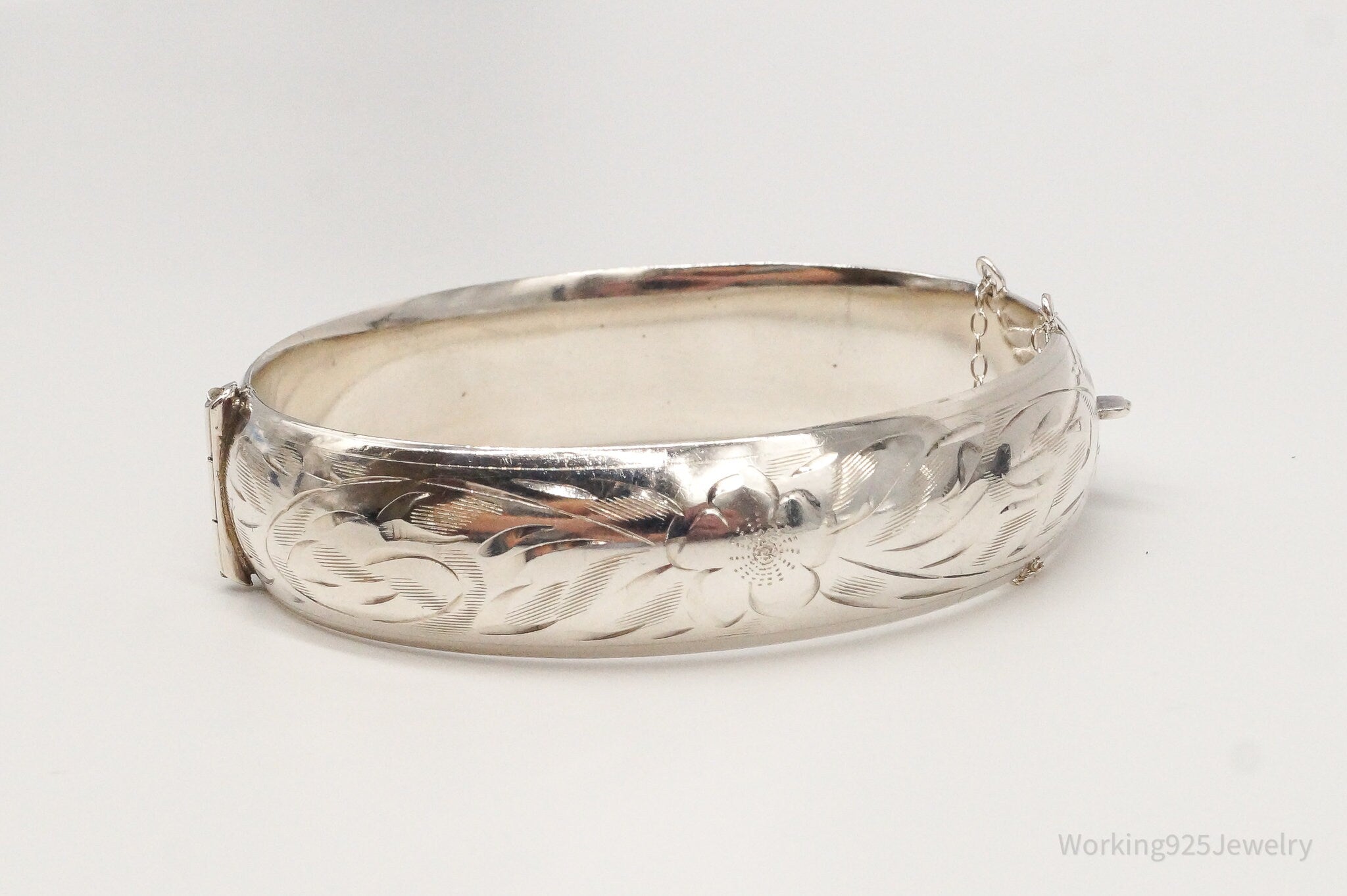 Vintage Ladye Fayre Floral Etched Sterling Silver Bangle Hinged Bracelet