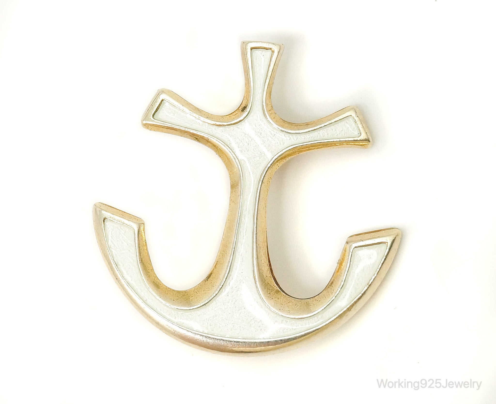 VTG David Andersen White Enamel Gold Vermeil Sterling Silver Anchor Brooch Pin