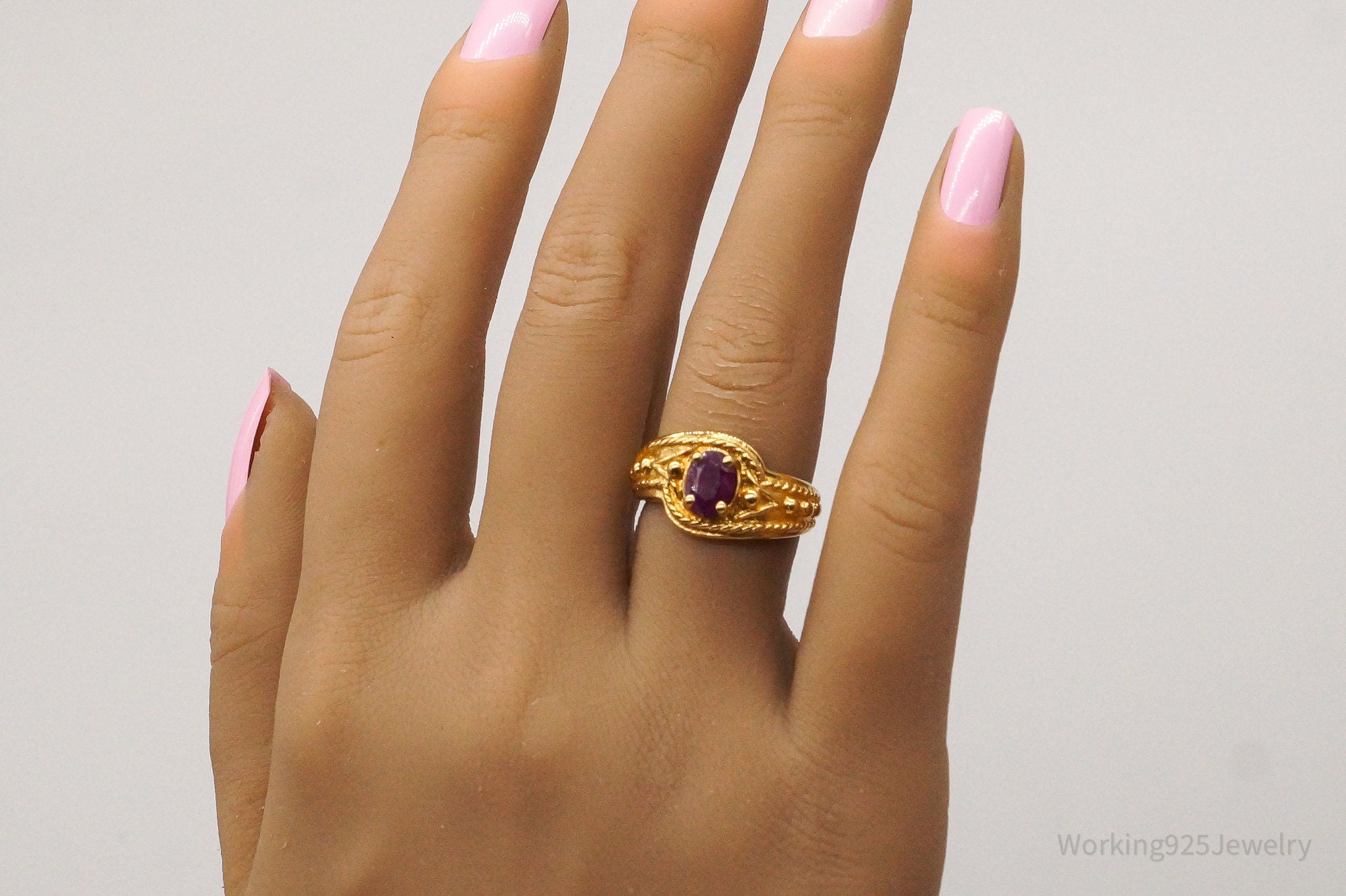 Vintage Designer Ruby Gold Over Sterling Silver Ring - Size 6.5