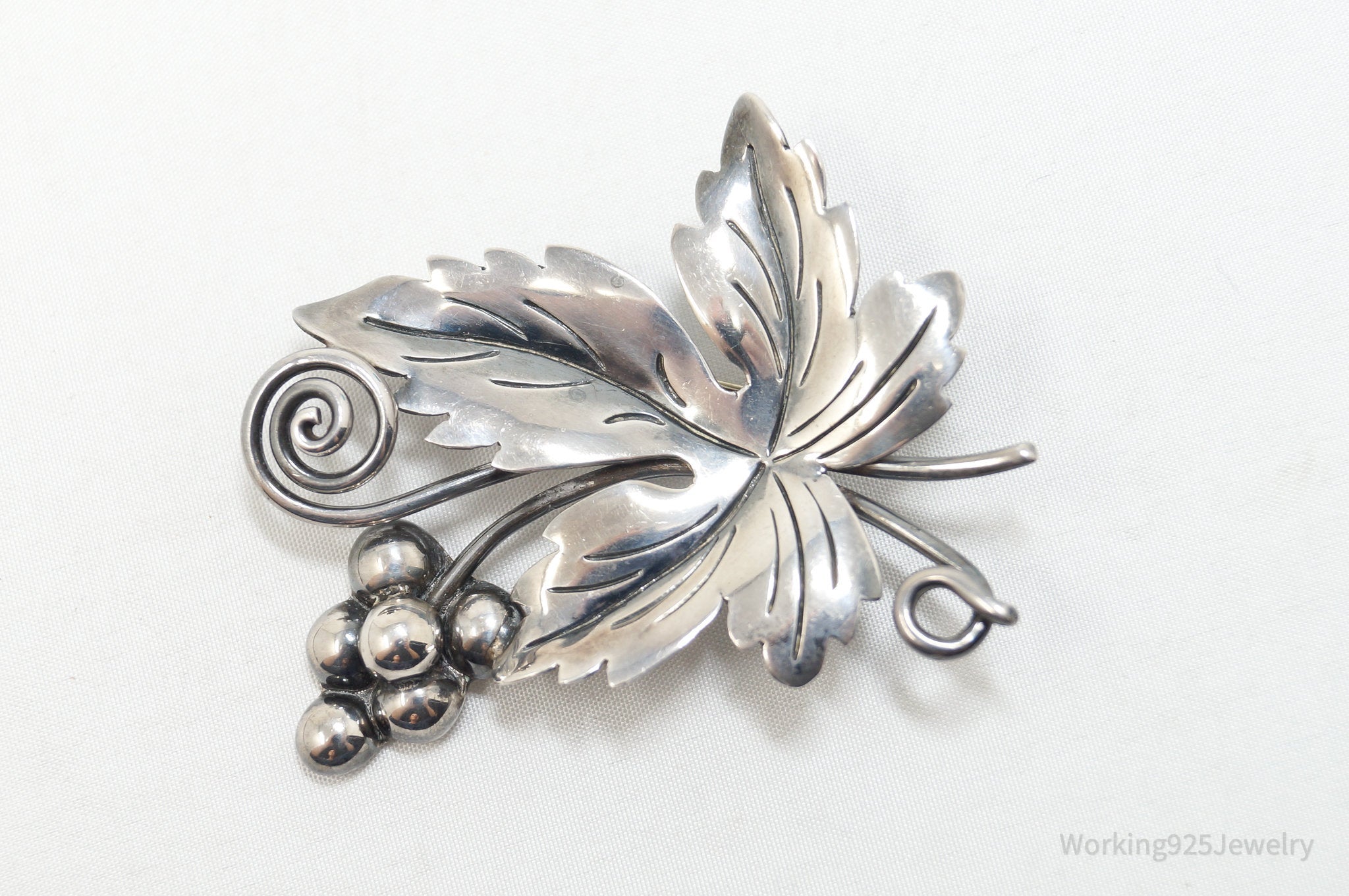 Large Vintage Taxco Damask Gallegos Leaf Sterling Silver Brooch Pin