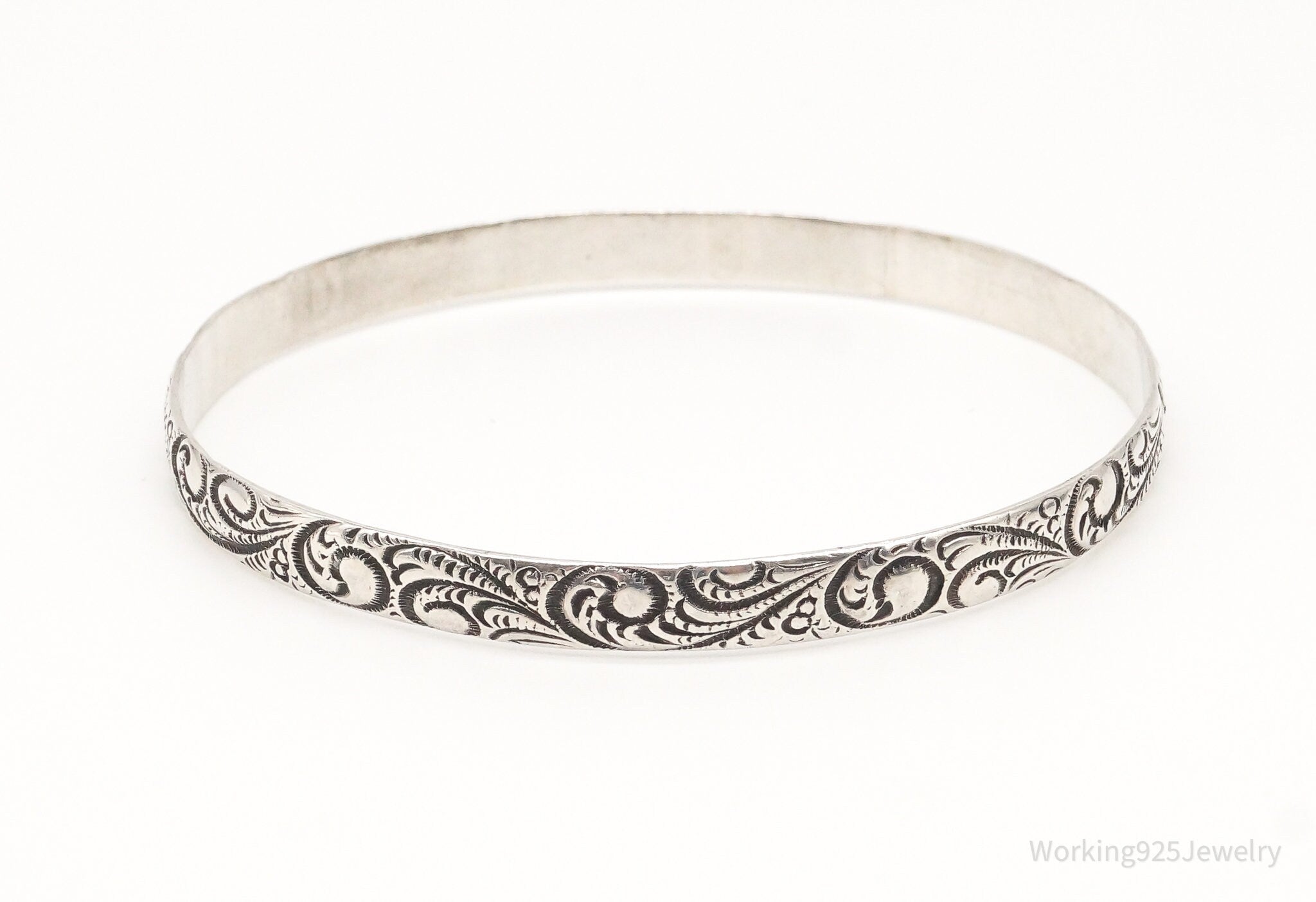 Antique Sterling Silver Floral Motif Bangle Bracelet