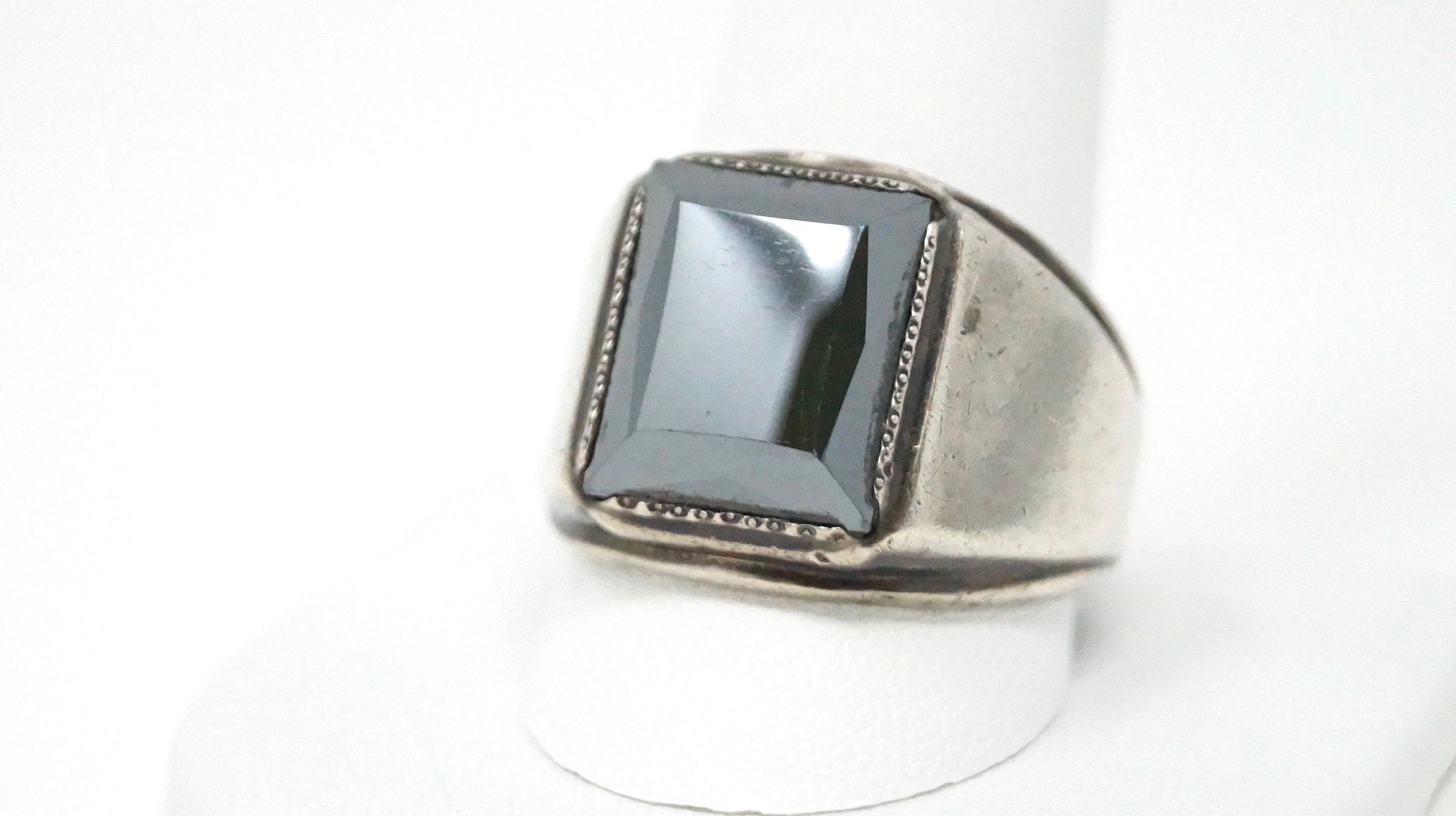 Vintage Designer Signed Hematite Sterling Silver Ring - Size 12