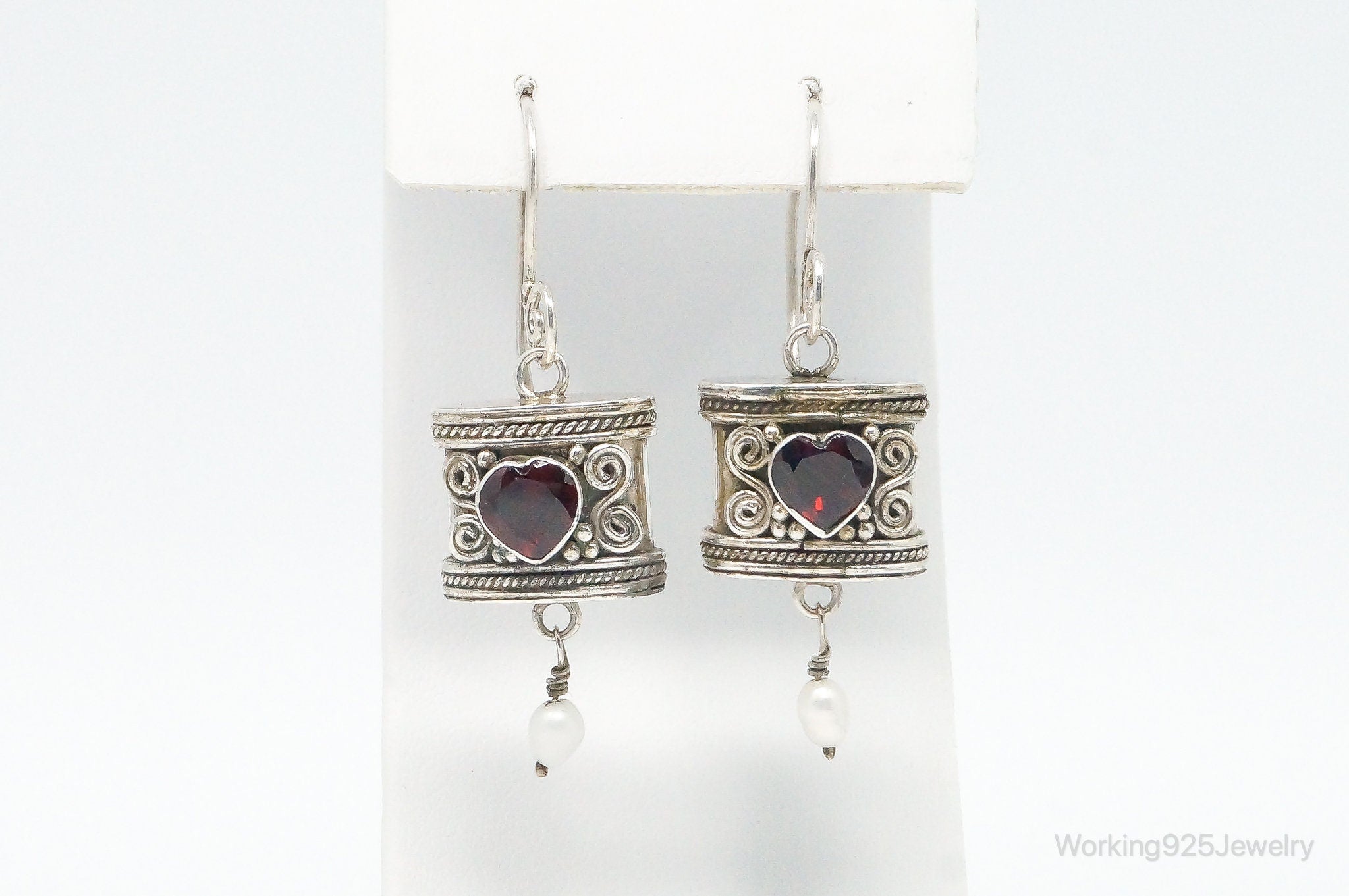 Vintage Garnet Heart Pearl Bali Inspired Sterling Silver Earrings