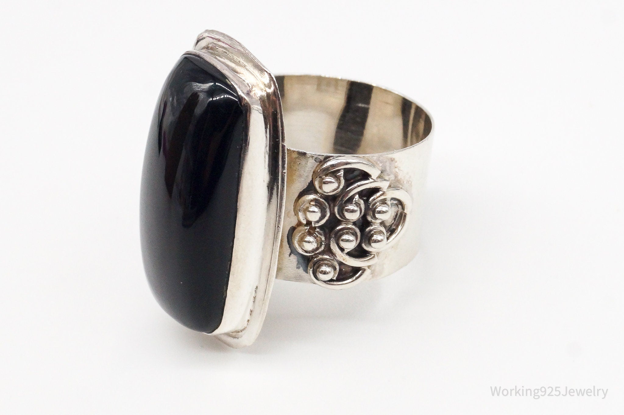 Vintage India Designer VS Black Onyx Sterling Silver Ring - Size 9.25