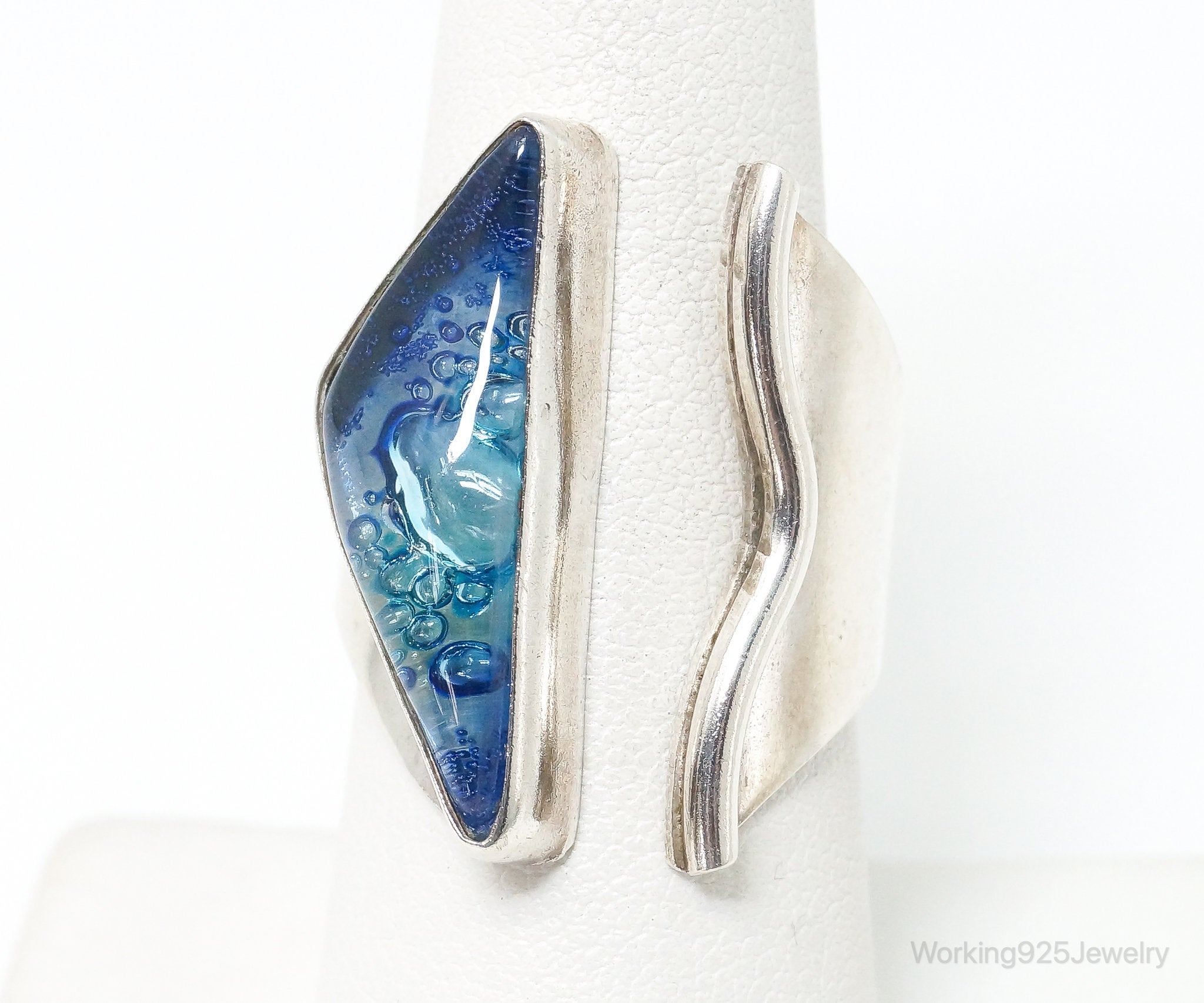 Vintage Blue Dichroic Glass Modernist Sterling Silver Wrap Ring SZ 8.25