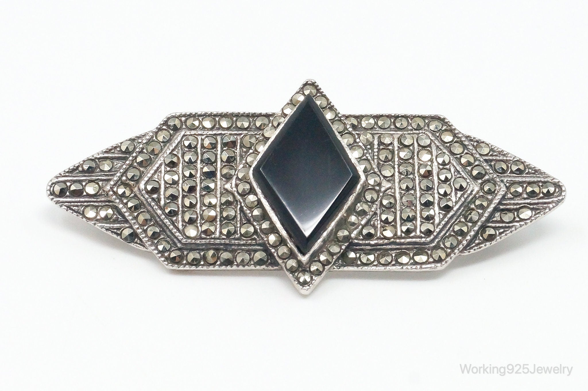 Vintage Black Onyx Marcasite Art Deco Sterling Silver Pin Brooch