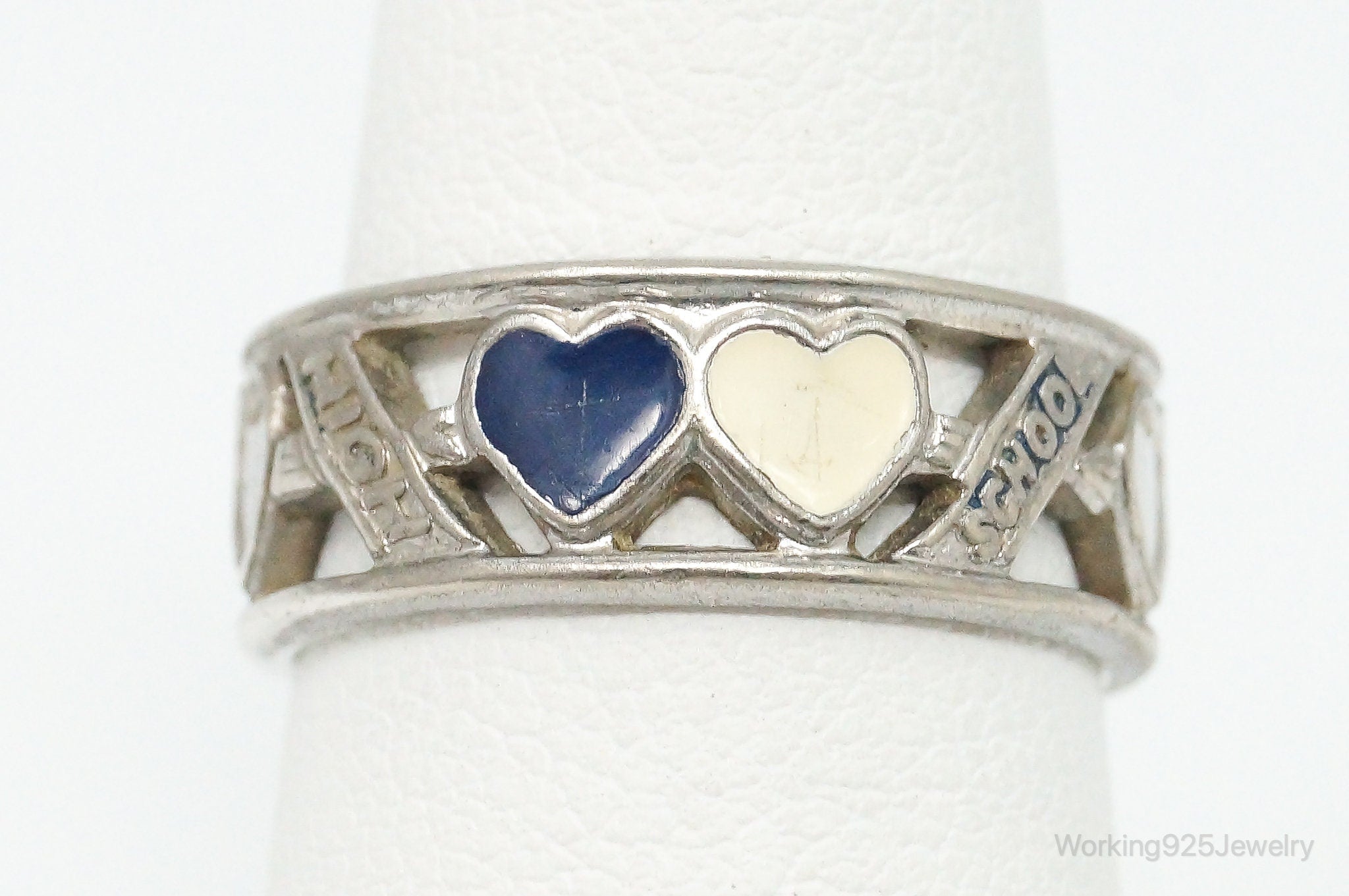 Antique Gainsboro Enamel Hearts High School Sterling Silver Ring - Size 6