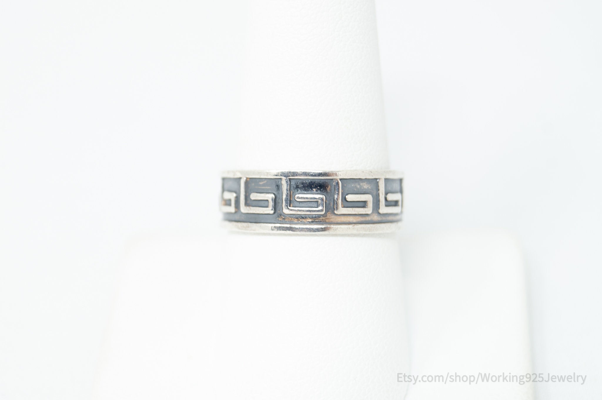 Vintage Greek Key Design Oxidized Sterling Silver Band Ring - Sz 9