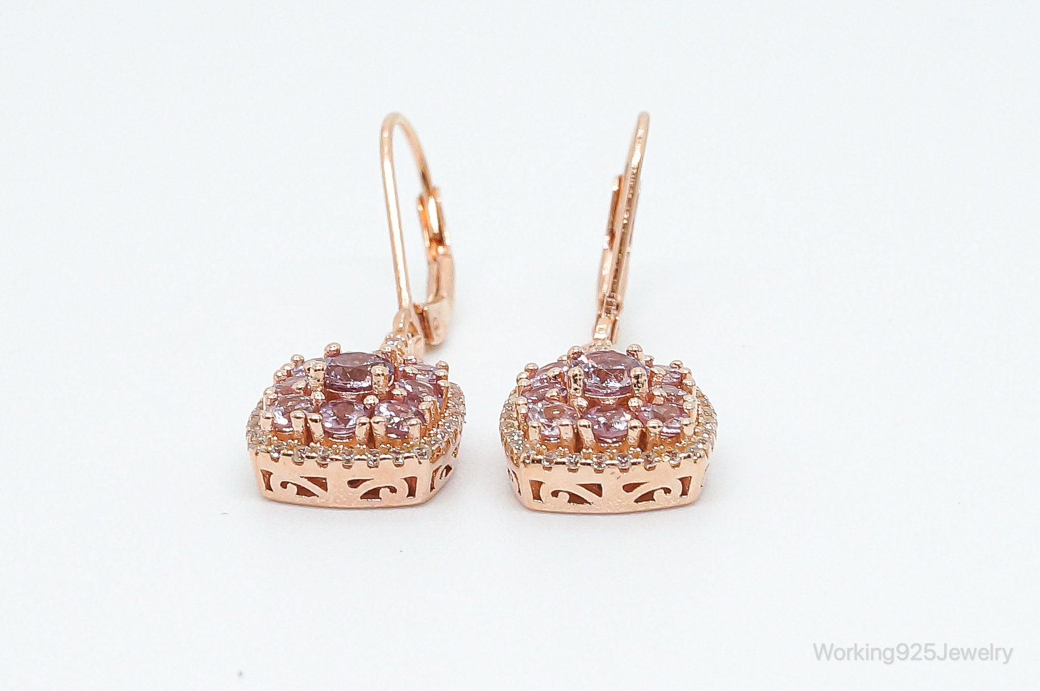 Designer DK Pink & White CZ Rose Gold Vermeil Sterling Silver Earrings