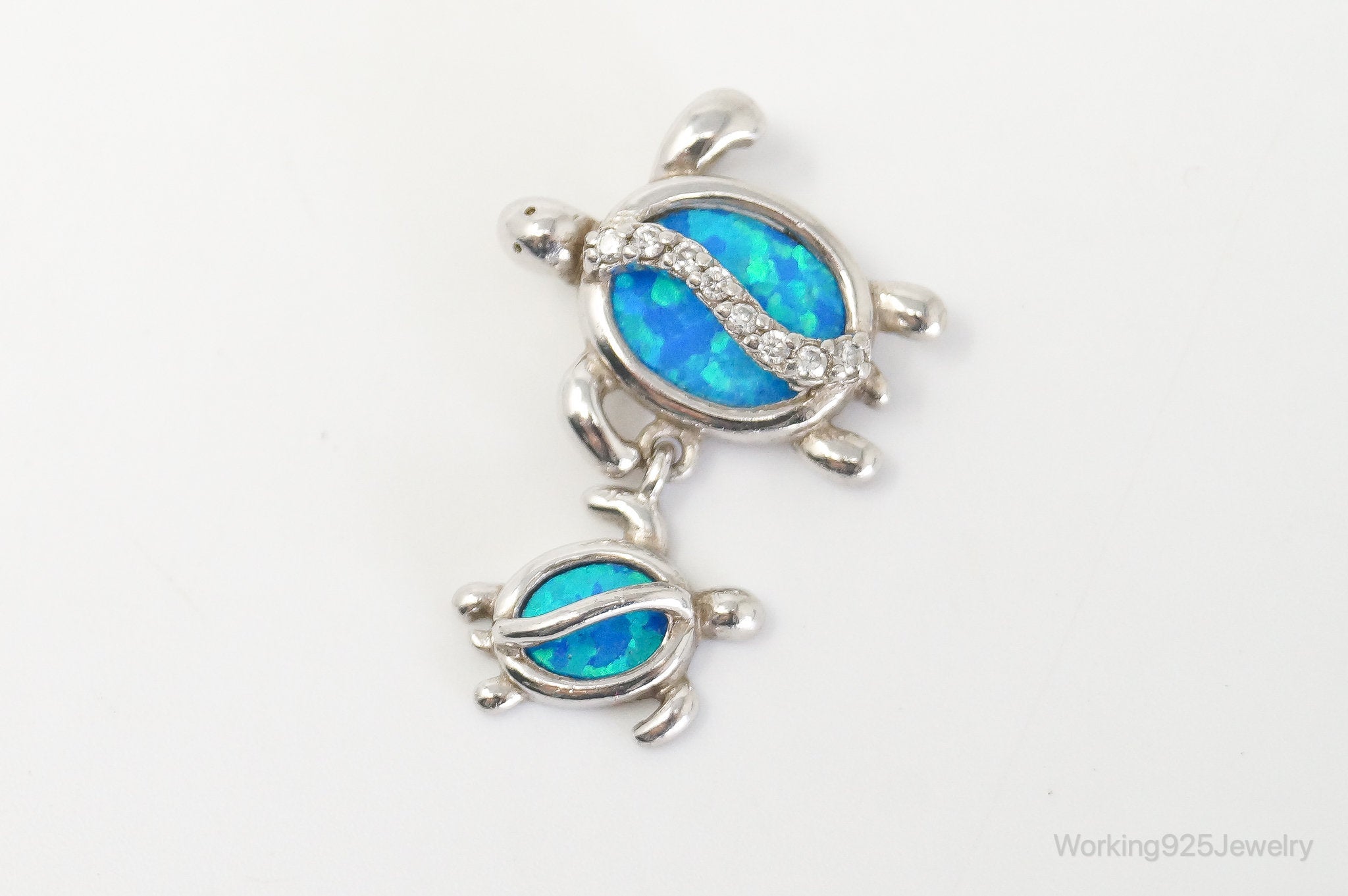 Vintage Blue Fire Opal Cubic Zirconia Sea Turtles Sterling Silver Pendant