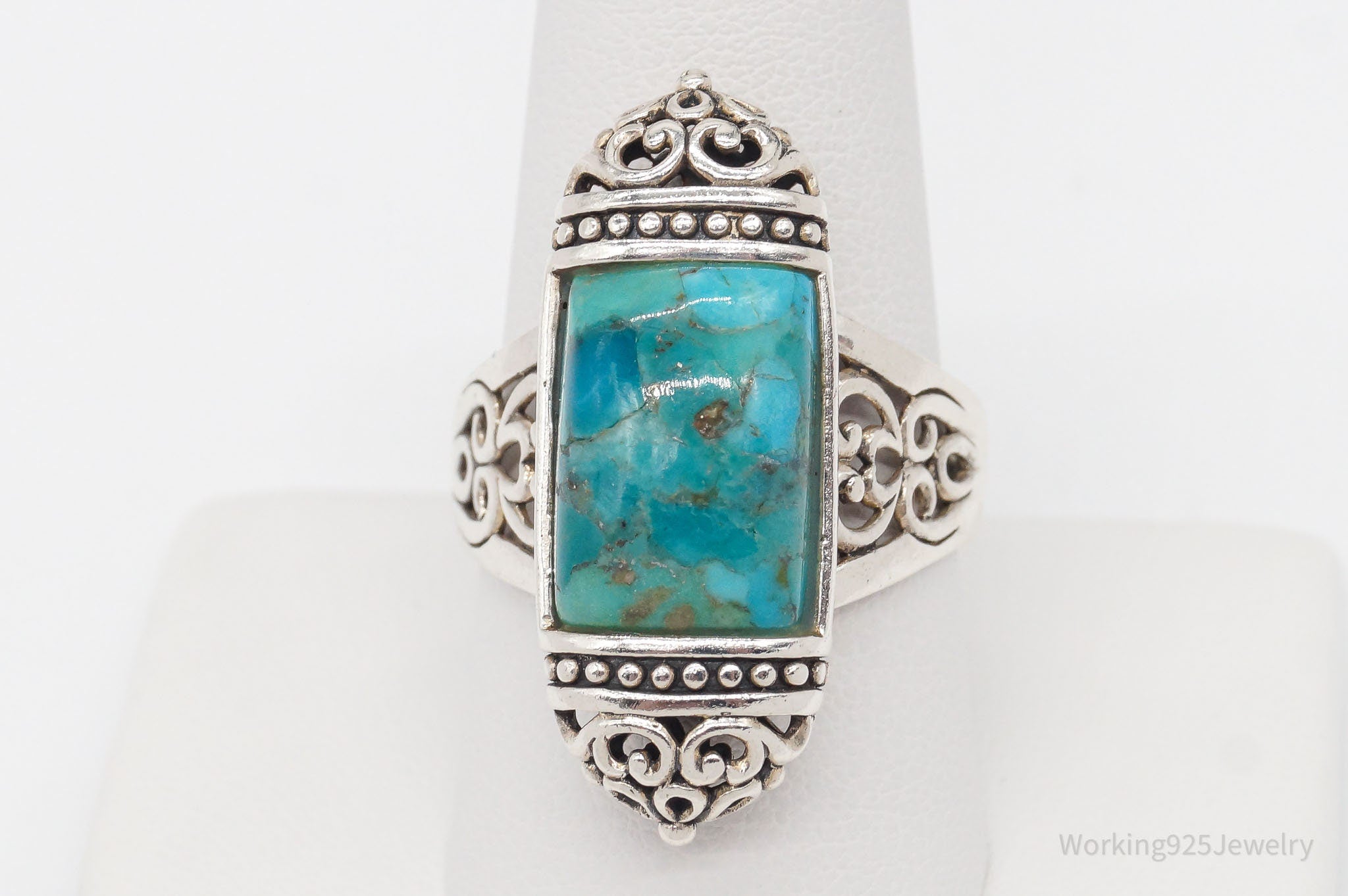 Designer BBJ Turquoise Filigree Sterling Silver Ring - Size 9.5