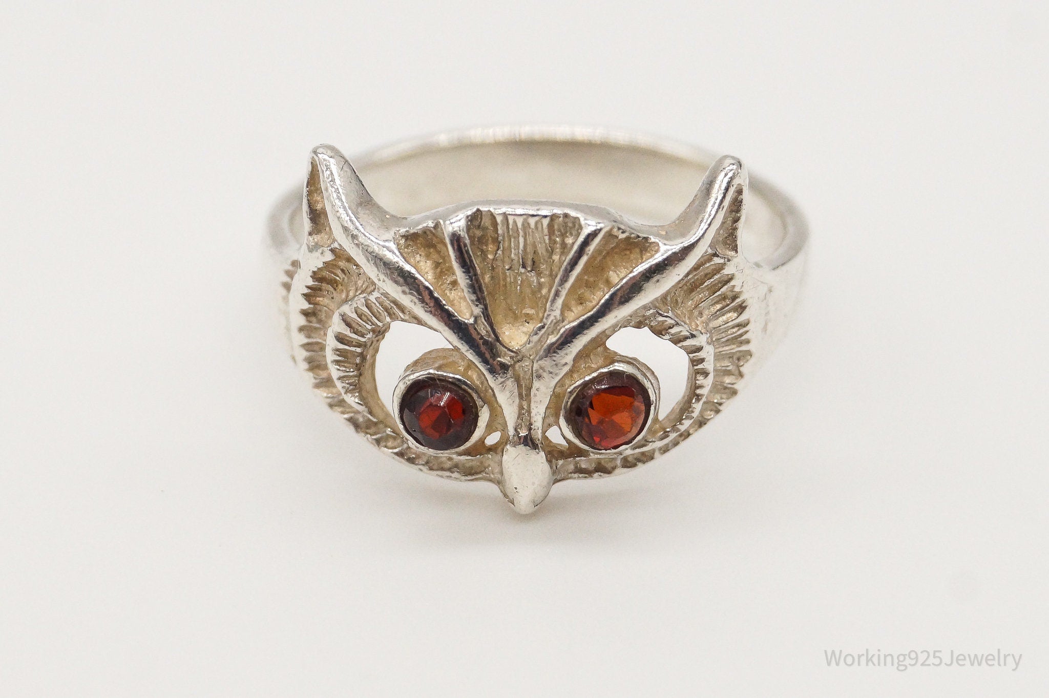 Vintage Garnet Eyed Owl Sterling Silver Ring - Size 4.5