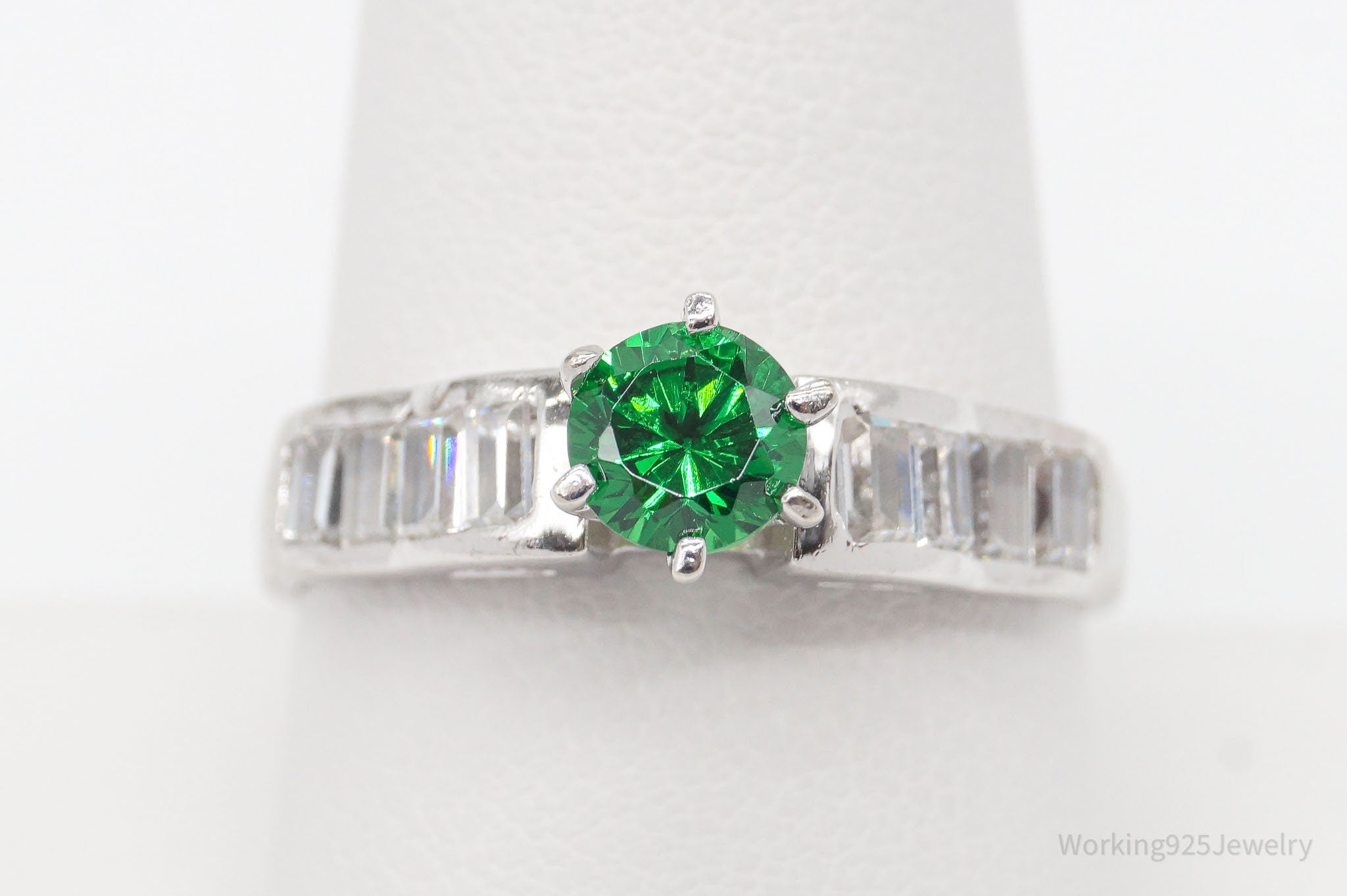 Designer Green & White Cubic Zirconia Sterling Silver Ring - Size 10