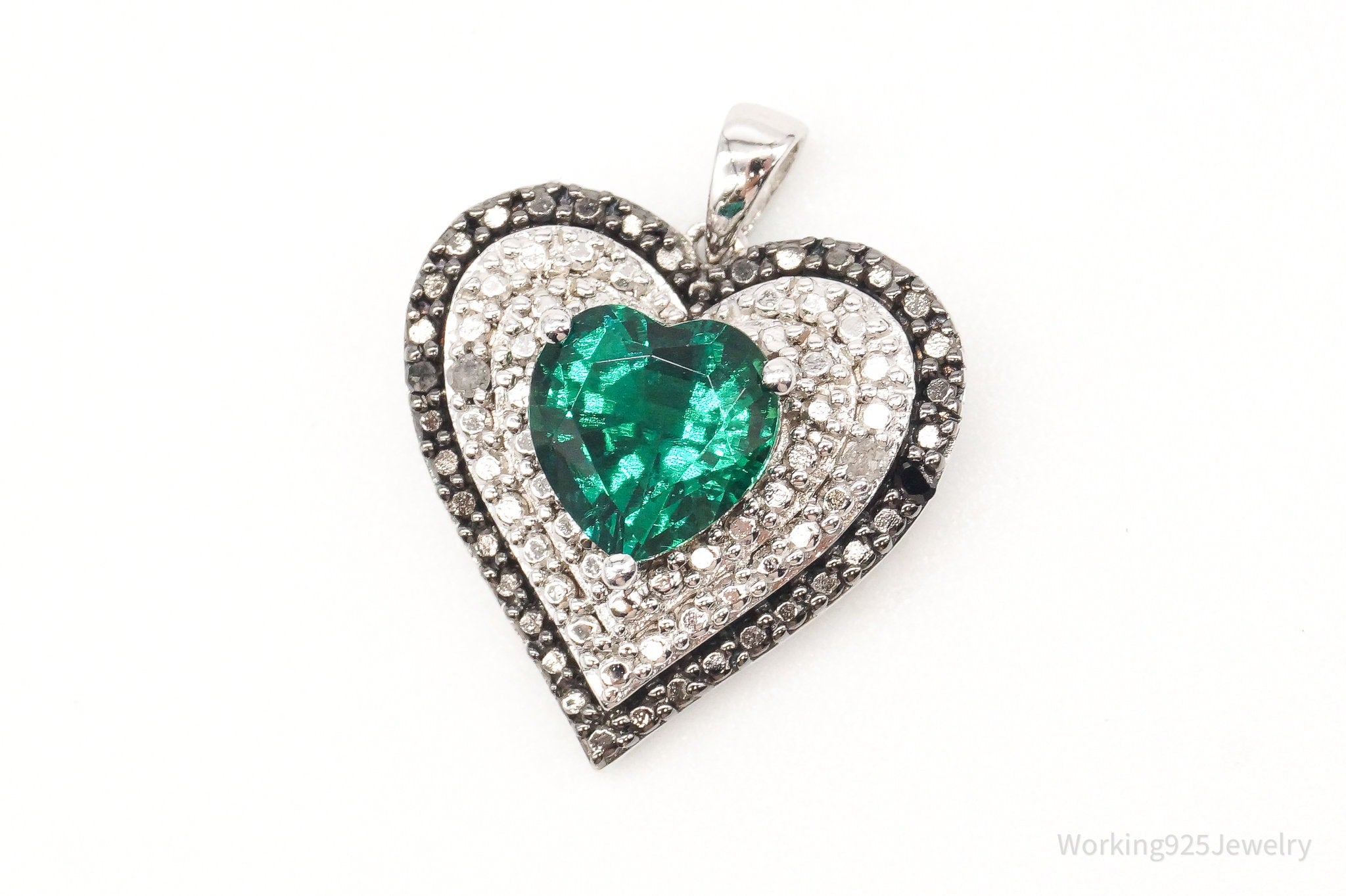 Vintage Green Topaz 2 White & 2 Black Diamond Heart Sterling Silver Pendant