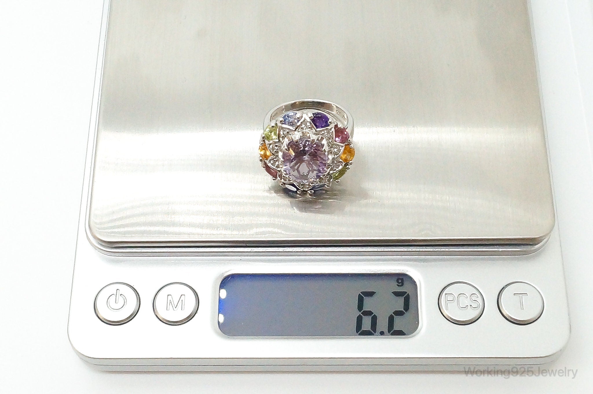 Designer Multi Gemstone Sterling Silver Ring - Size 6