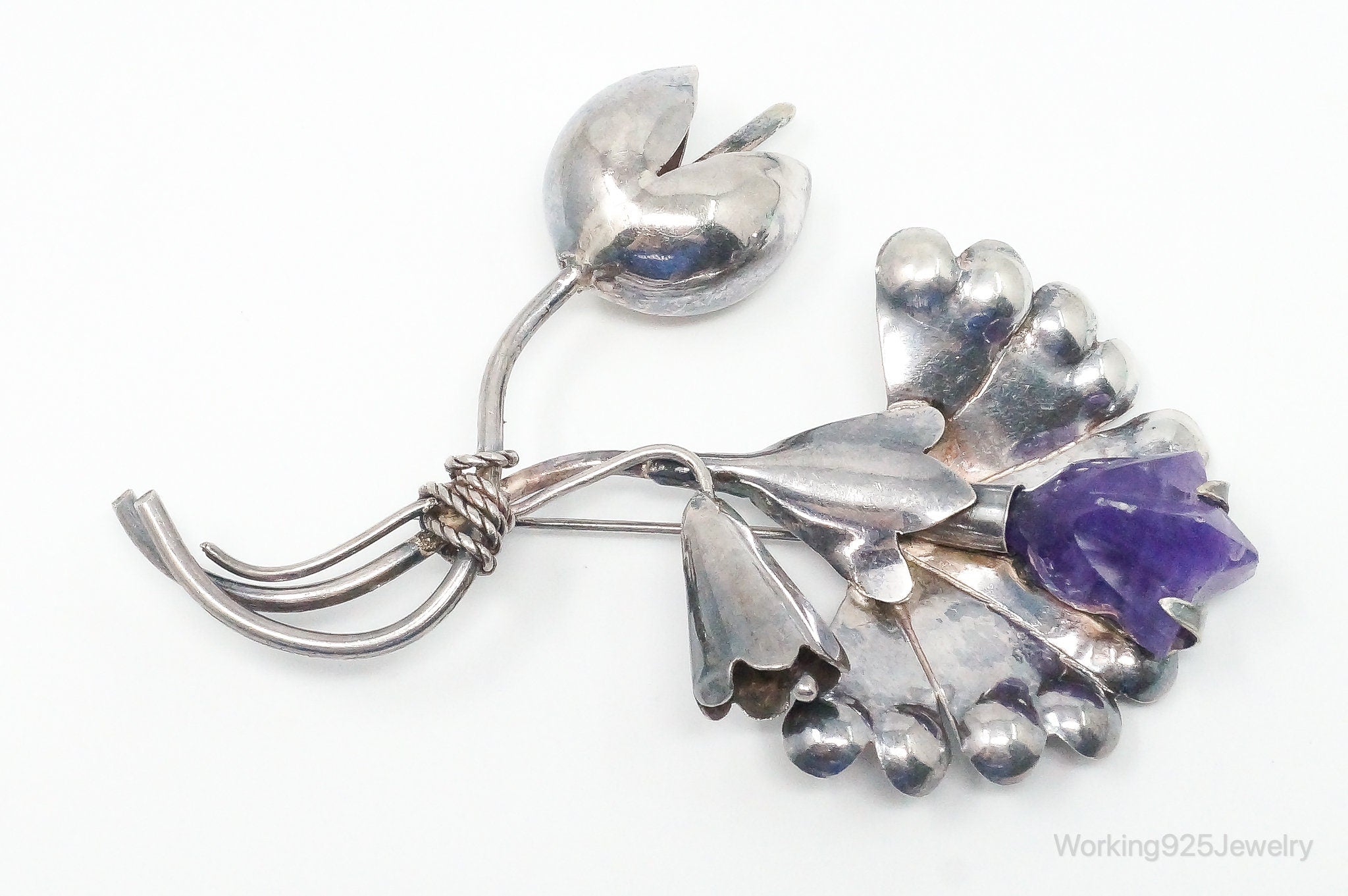 Large Vintage Mexico Modernist Amethyst Flower Sterling Silver Brooch Pin