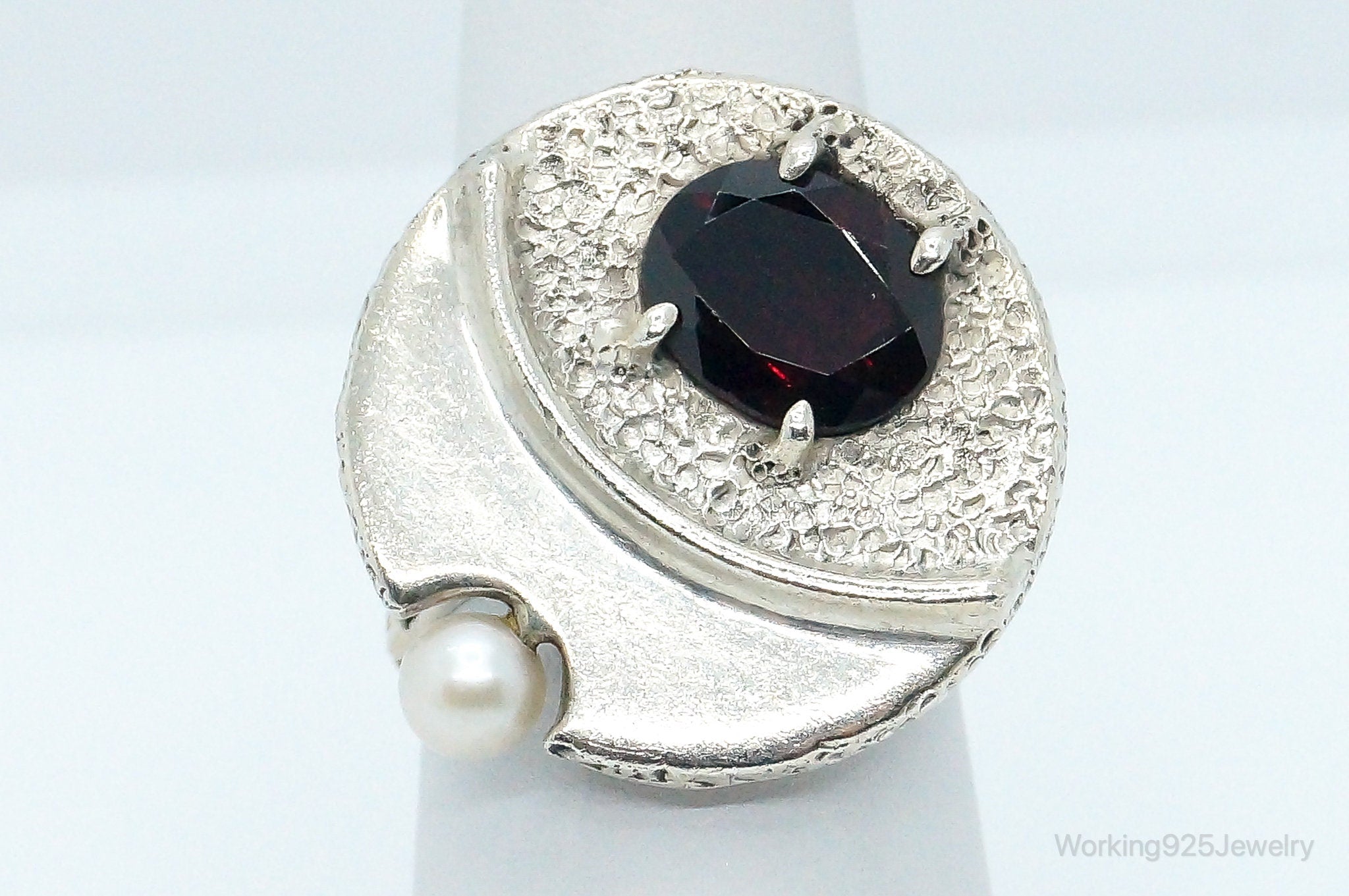 Vintage Garnet Pearl Sterling Silver Ring - Size 6