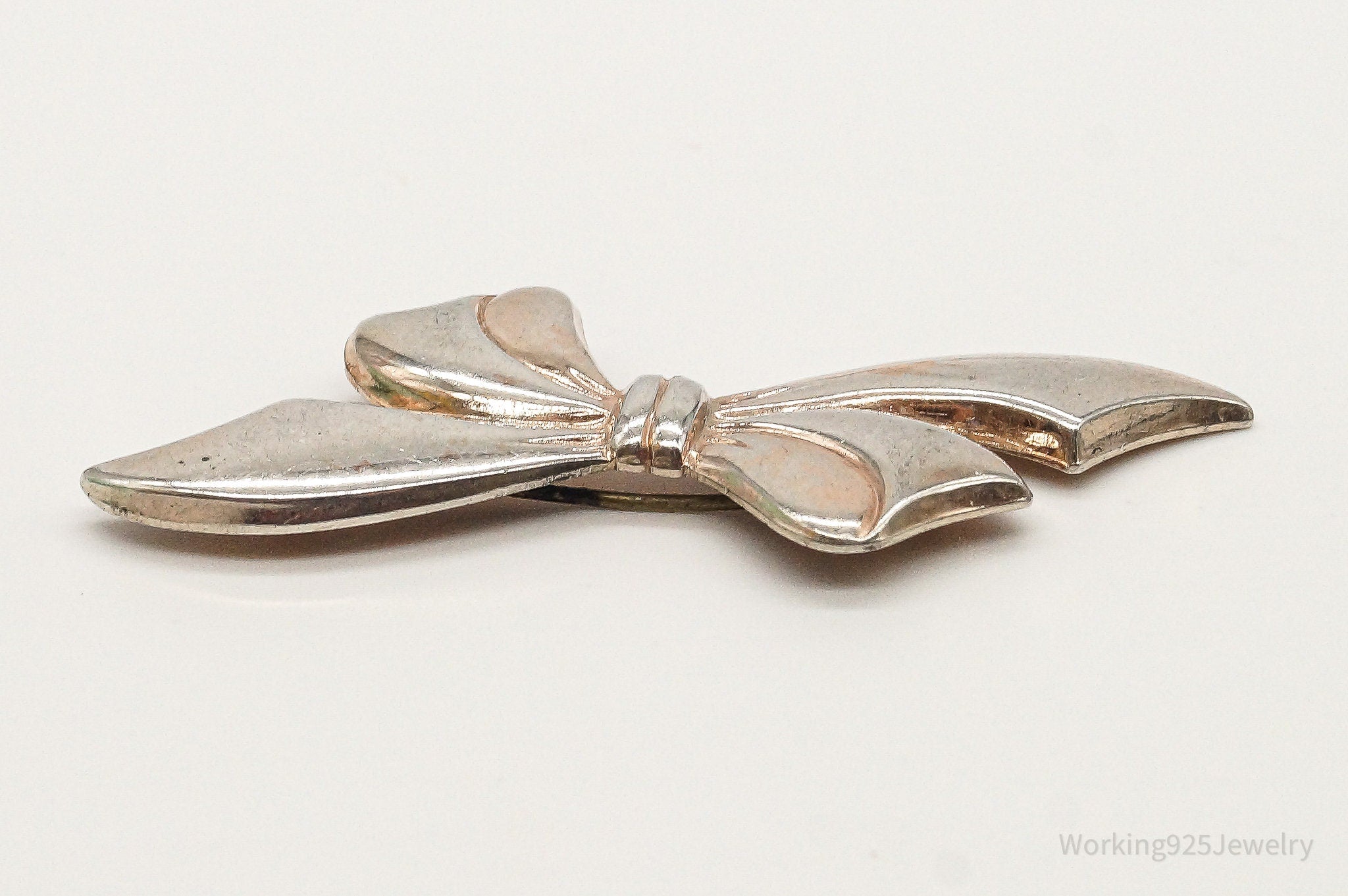 Antique Large Bow Tie Rose Gold Wash Sterling Silver Brooch Pin