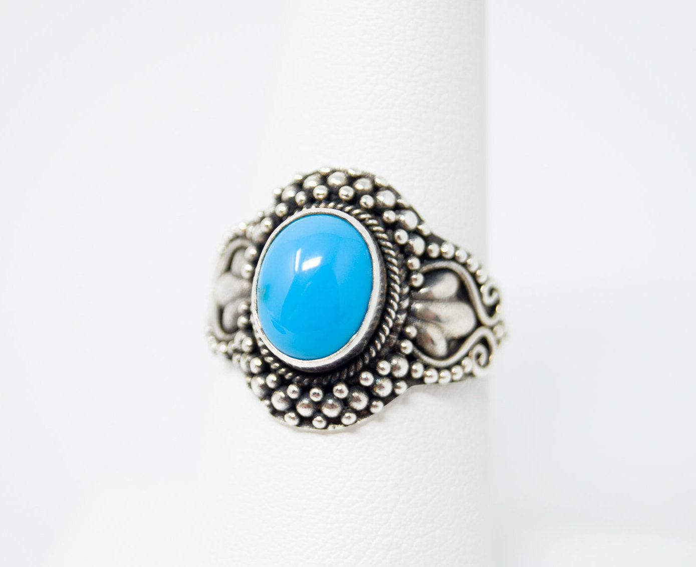 Vintage Bali Style Turquoise Filigree Sterling Silver Band Ring - Size 7.25