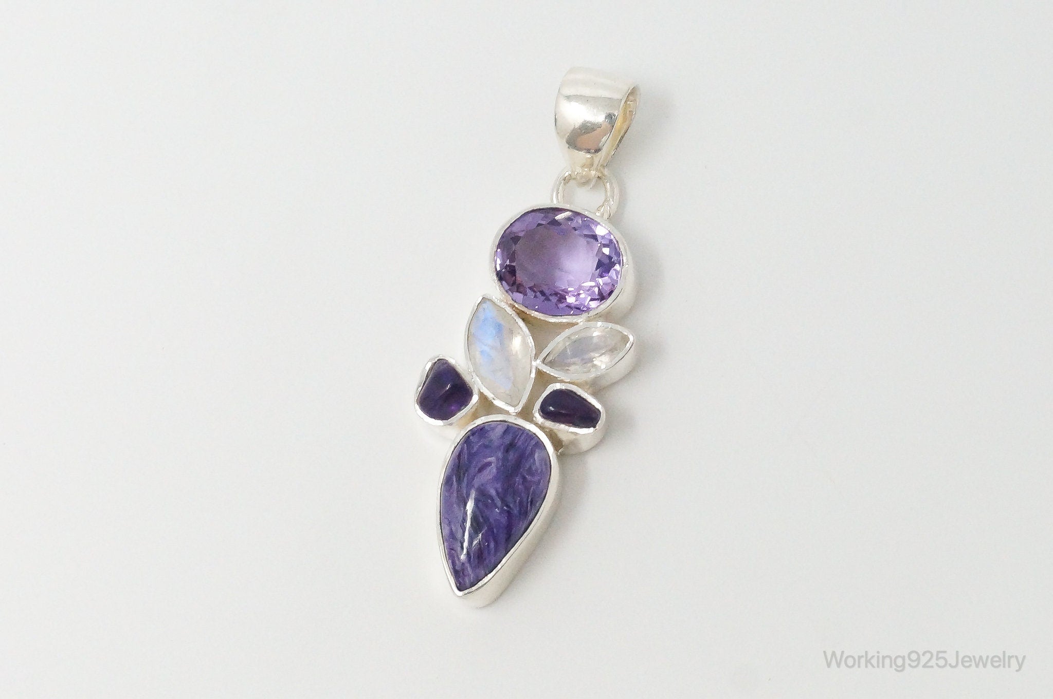 Large Vintage Charoite Amethyst Moonstone Sterling Silver Necklace Pendant