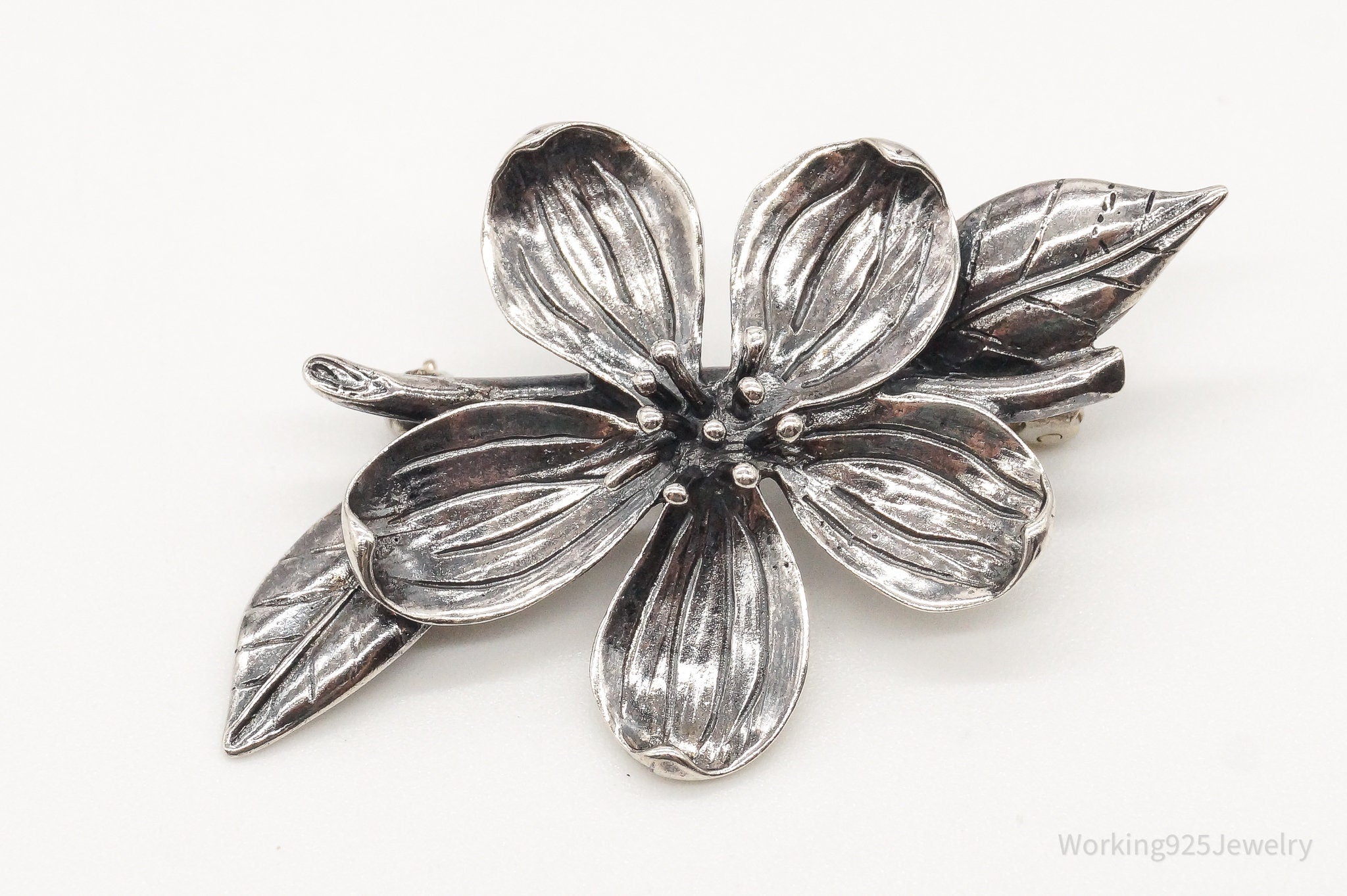 Vintage Designer H & H Flower Sterling Silver Brooch Pin