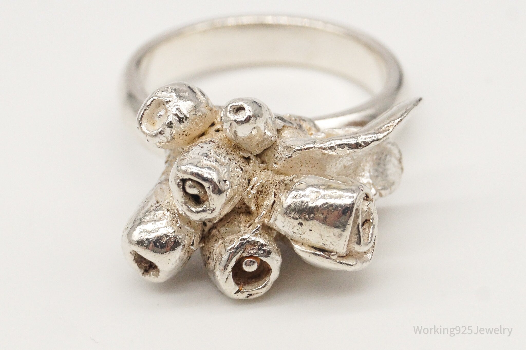 Vintage Brutalist Style Flower Bouquet Silver Ring - SZ 8.5