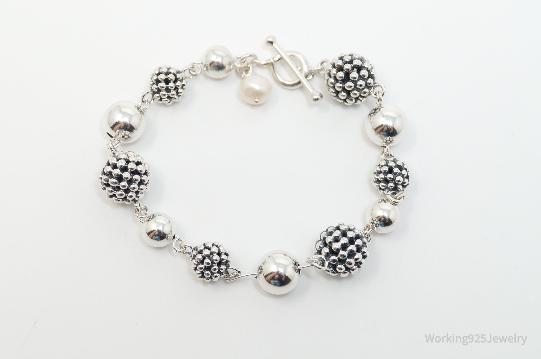 Vintage Designer Michael Dawkins Pearl Spotted Ball Sterling Silver Bracelet