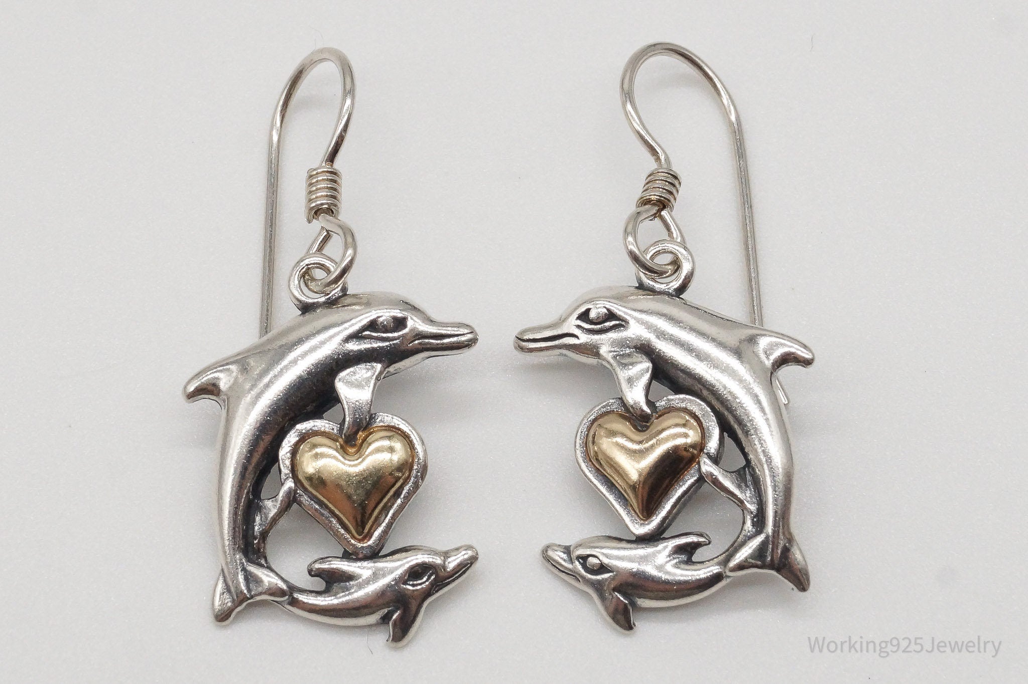 Vintage Designer Waldeck Johnson 14K Gold Heart Dolphin Sterling Silver Earrings