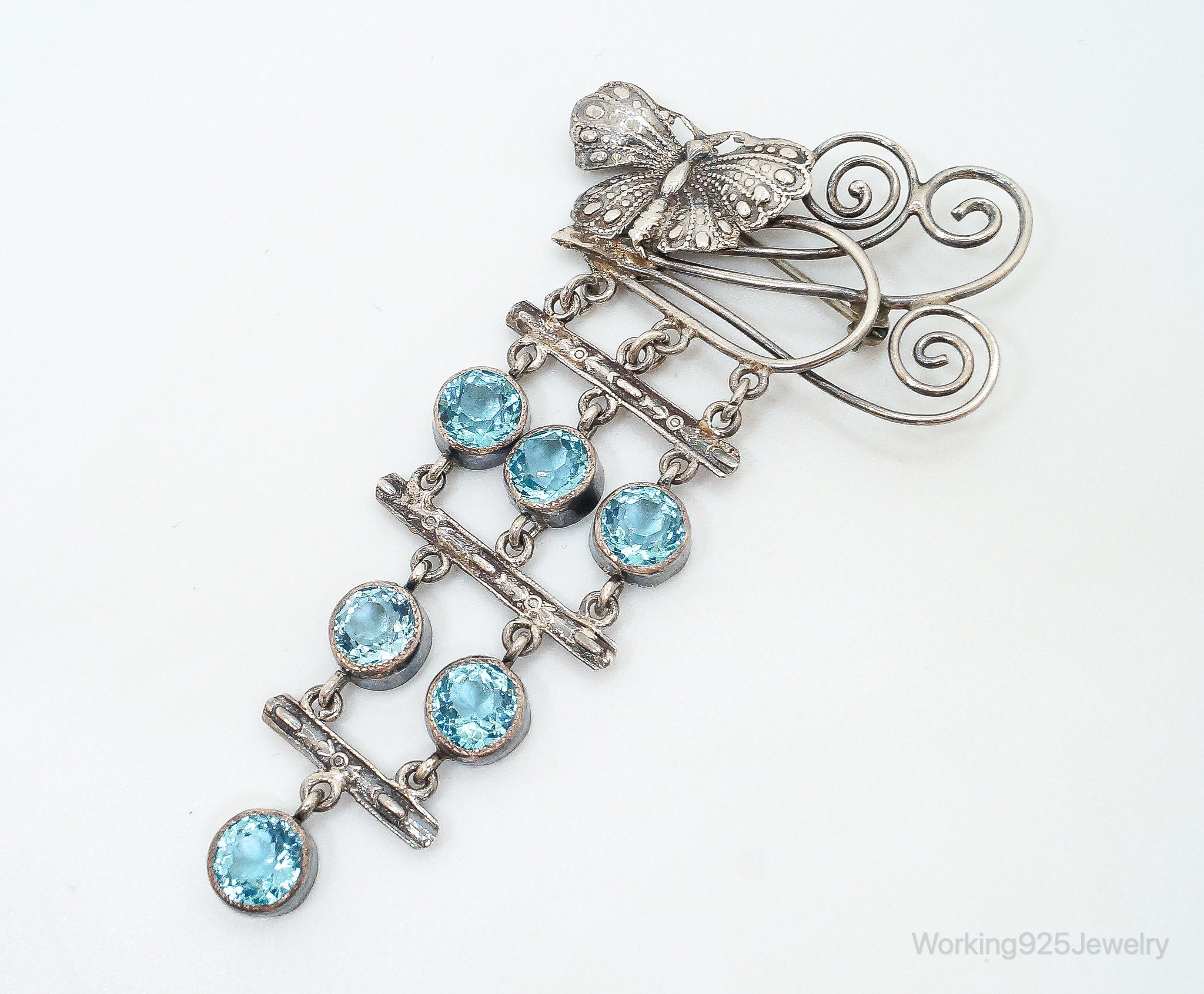 Large Early 1940s Vintage Blue Topaz Butterfly Sterling Silver Brooch Pin