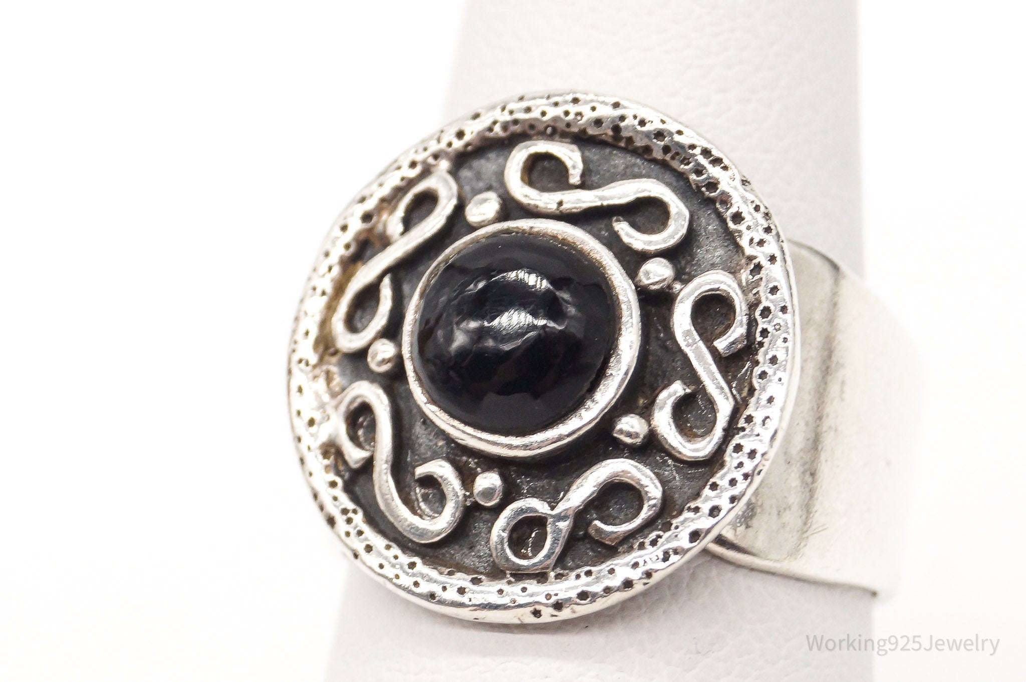 Vintage Black Onyx Infinity Symbols Sterling Silver Ring - Size 7.75 Adjustable