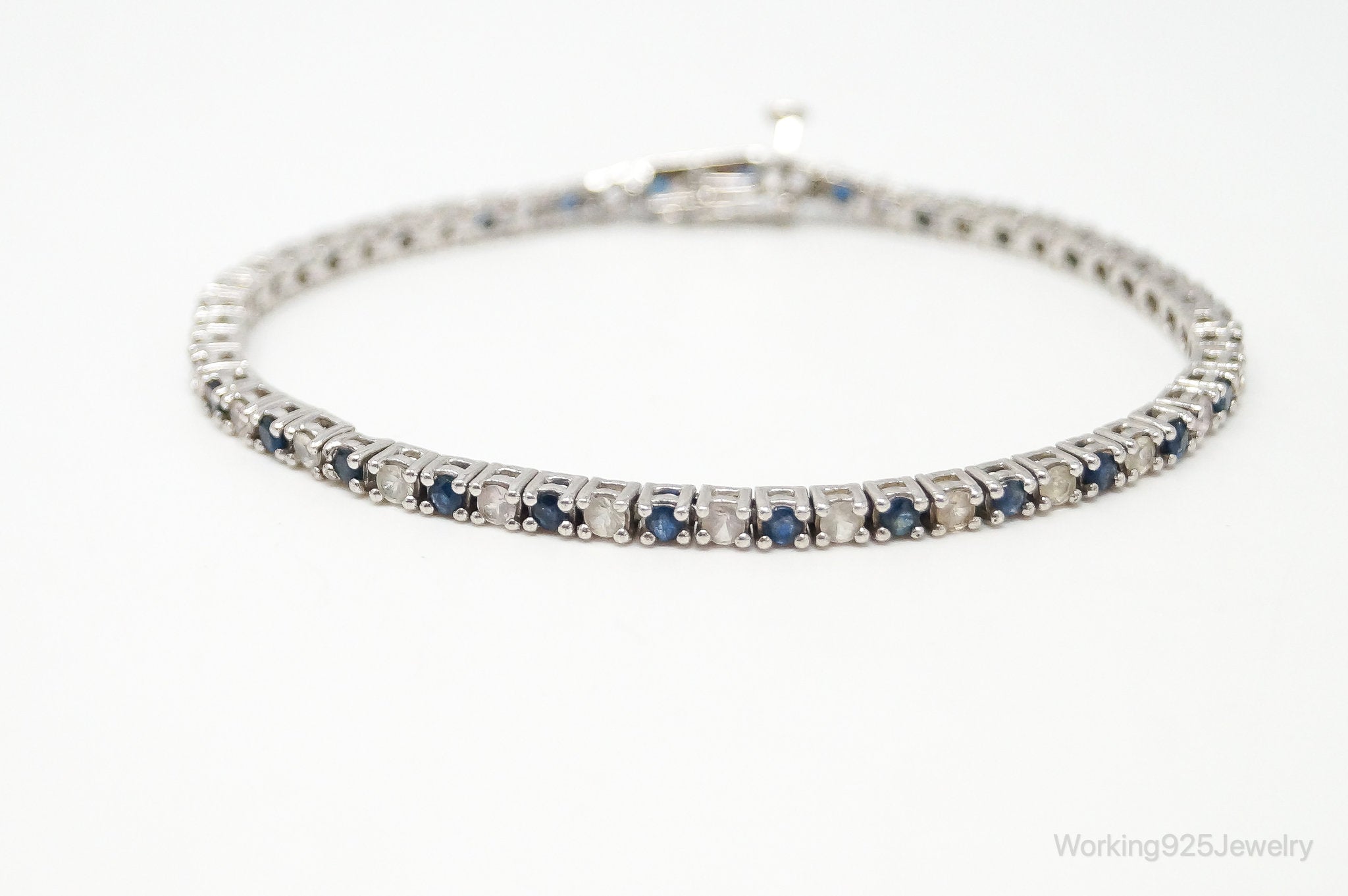 Vintage Art Deco Blue Sapphire Cubic Zirconia Sterling Silver Tennis Bracelet