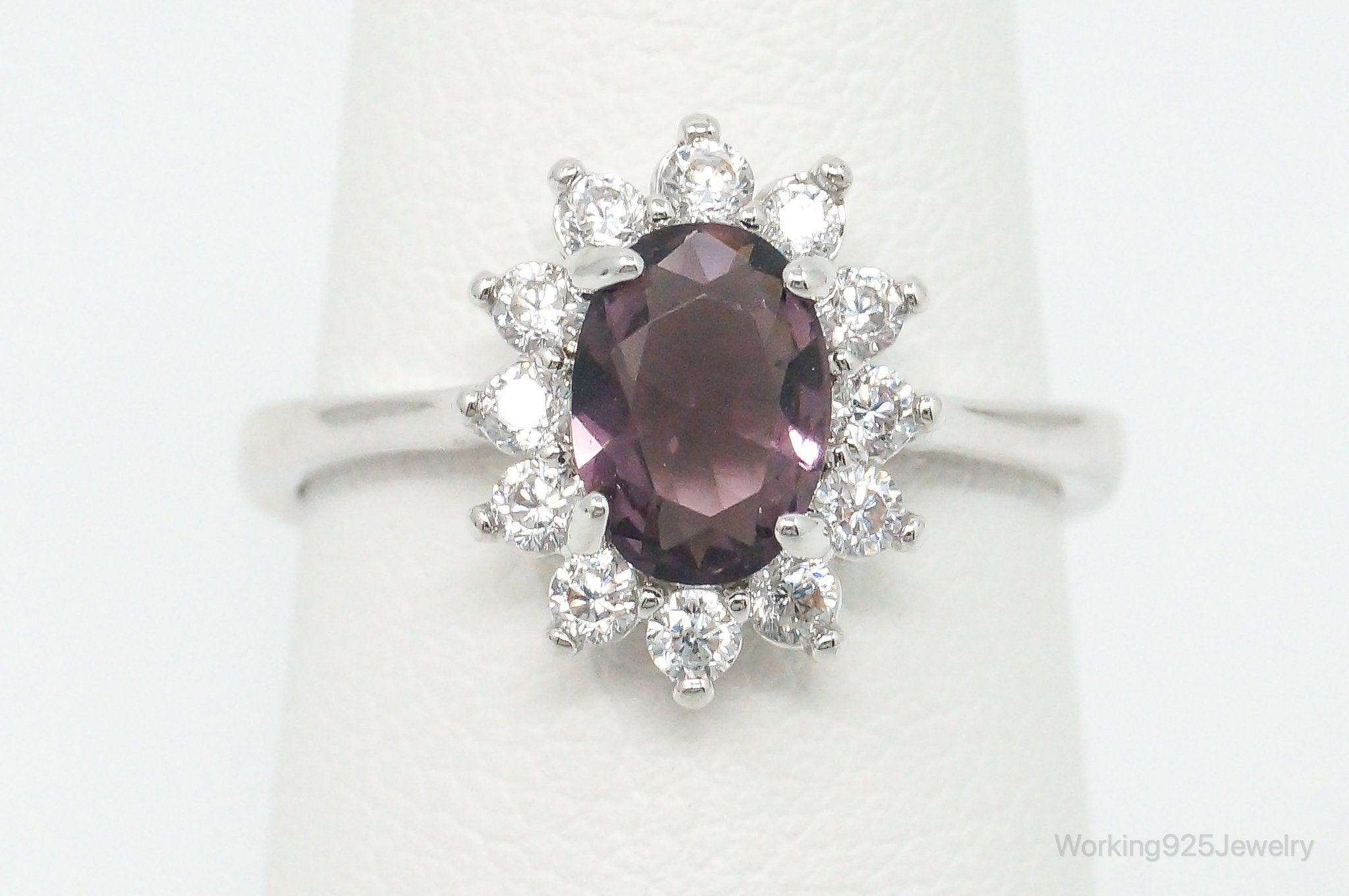 Vintage Amethyst Cubic Zirconia Rhodium Plated Ring - SZ 5.25 Adjustable