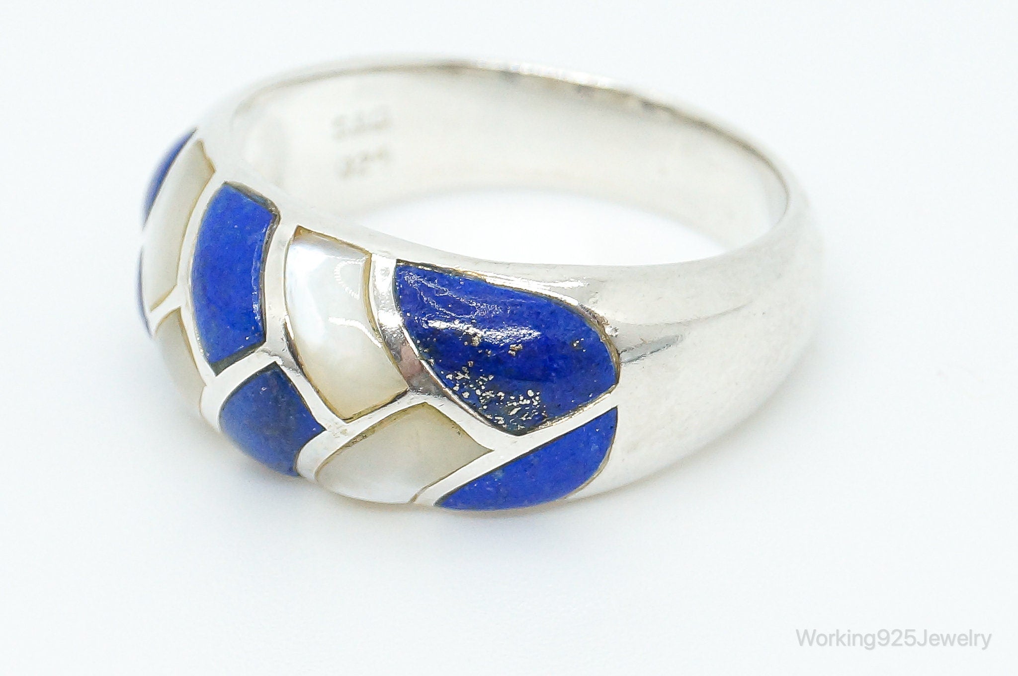 Designer S & G Lapis Lazuli Mother Of Pearl Sterling Silver Ring SZ 10.25