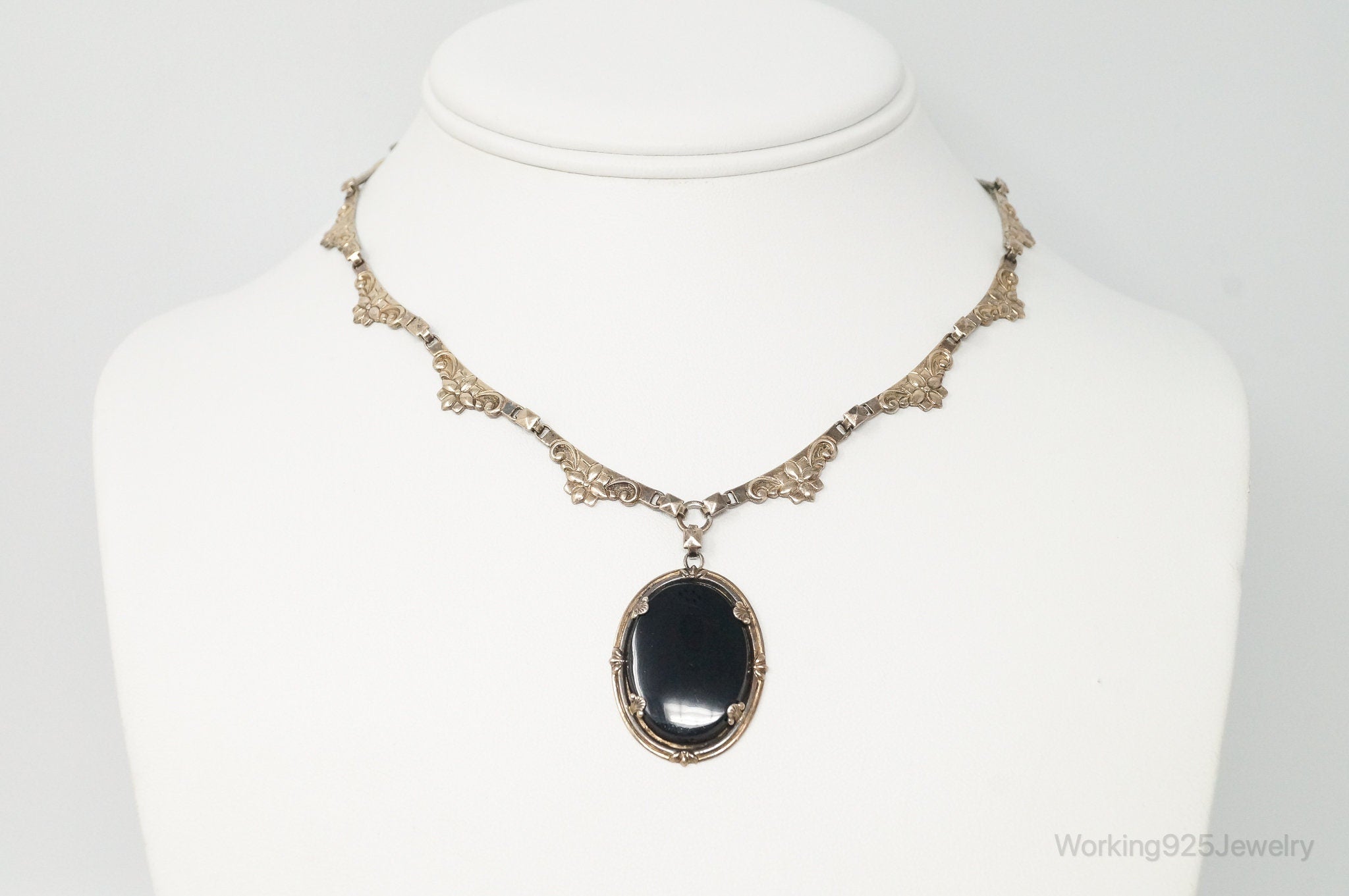 Vintage Designer Symmetalic Black Onyx 14K Gold Sterling Silver Necklace