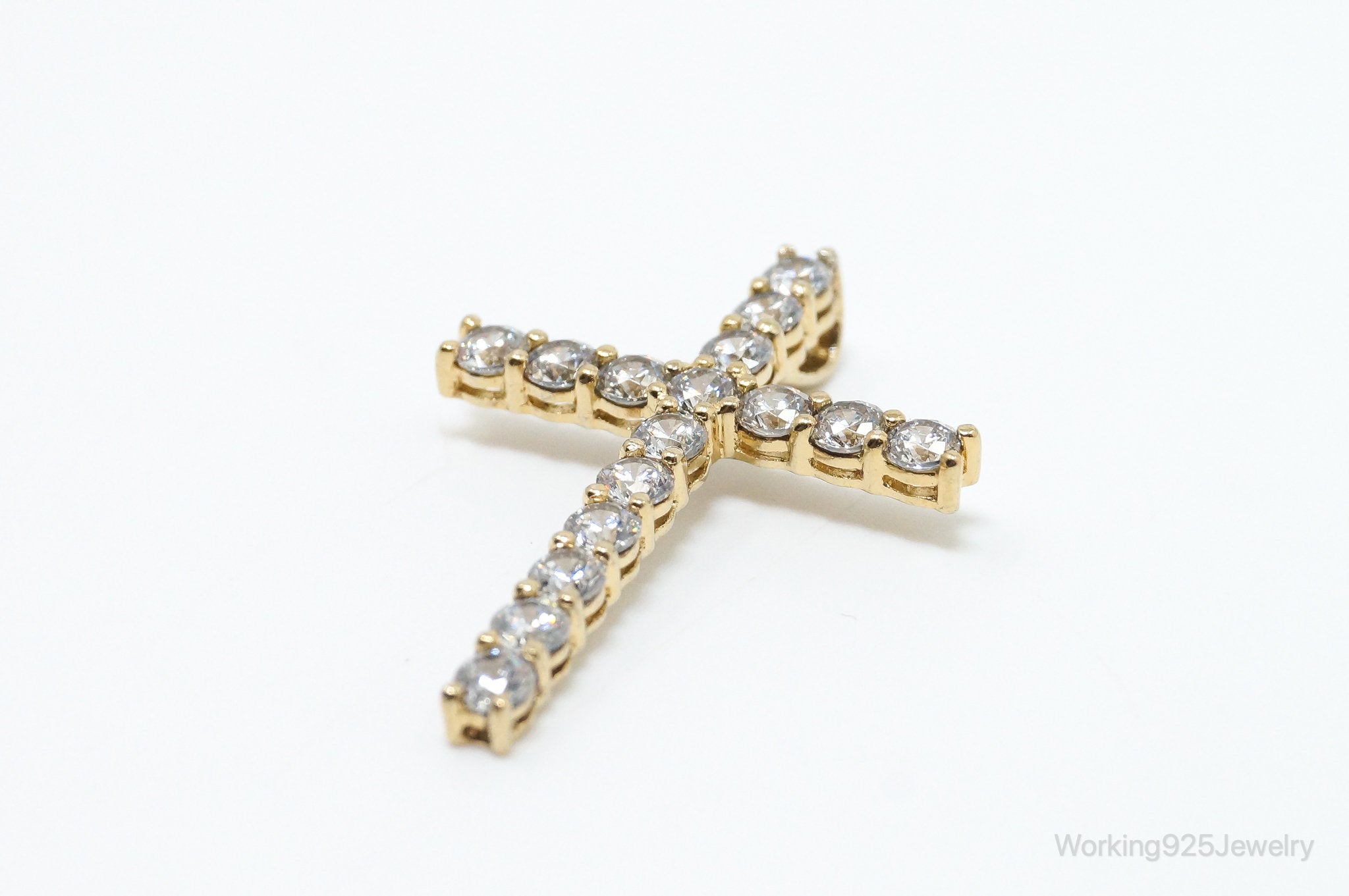 Vintage Cubic Zirconia Gold Vermeil Cross Sterling Silver Pendant