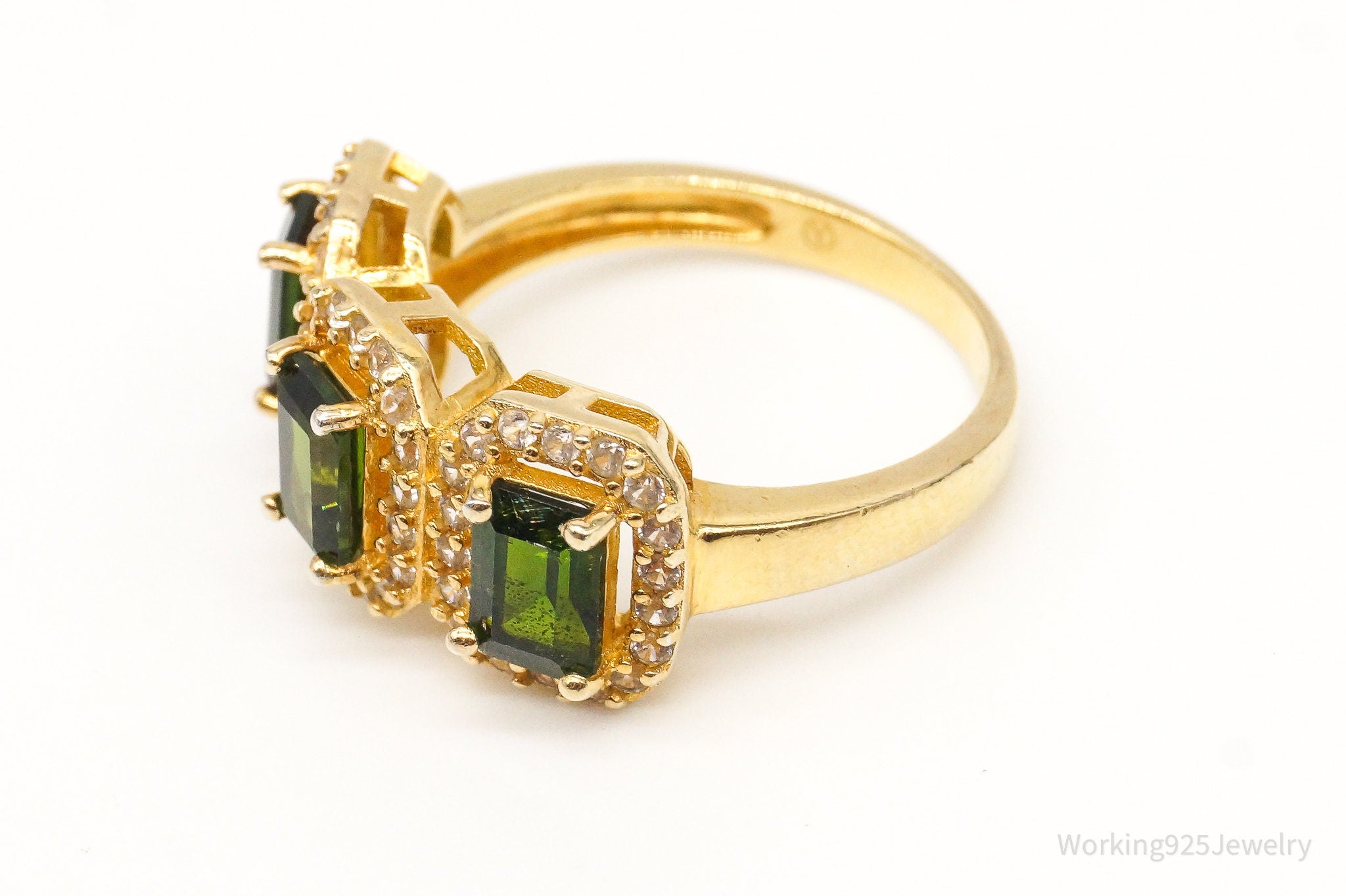 Designer Peridot Cubic Zirconia Gold Vermeil Sterling Silver Ring - Size 7