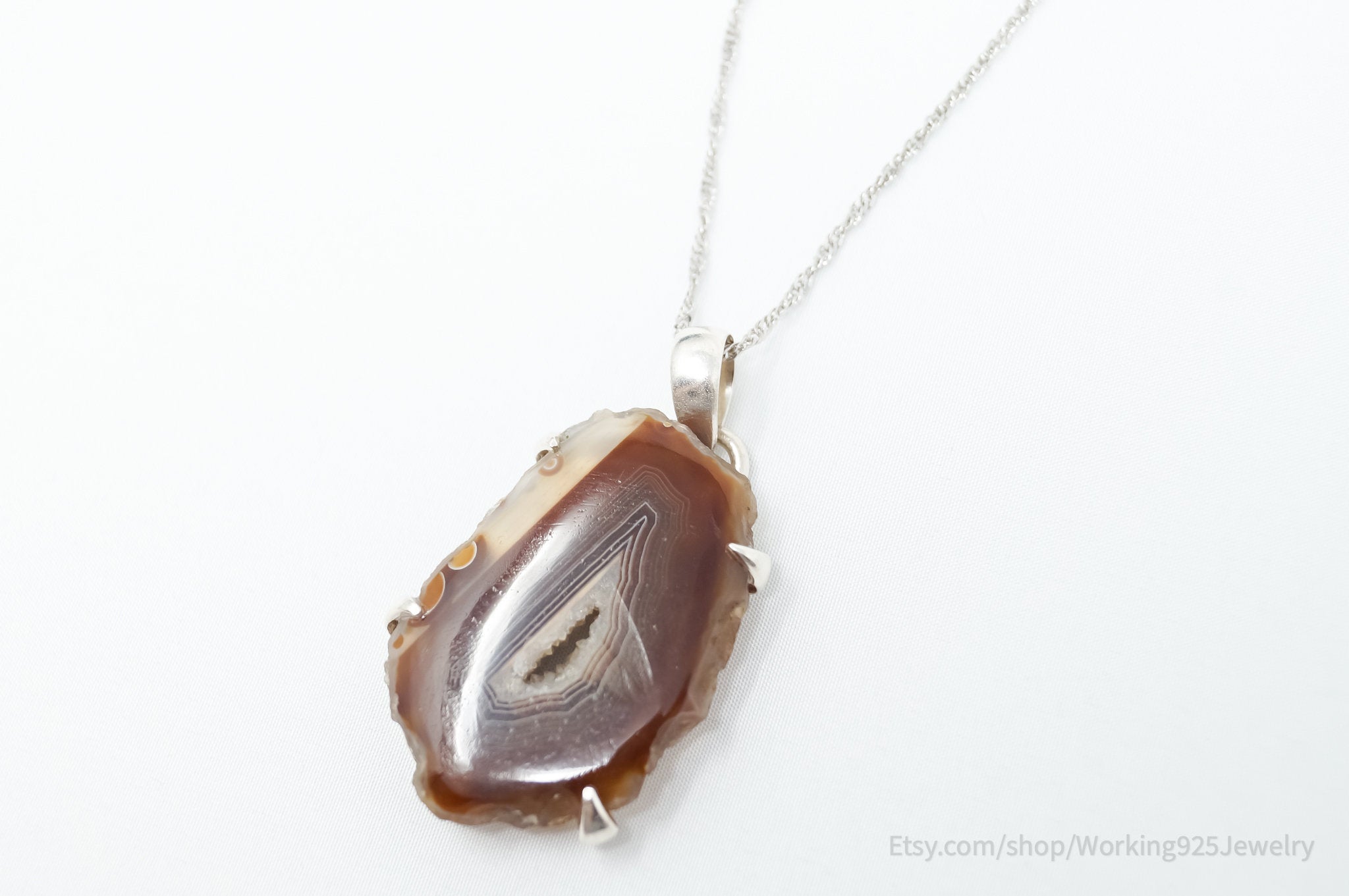 Vintage Large Brown Crazy Lace Agate Sterling Silver Necklace