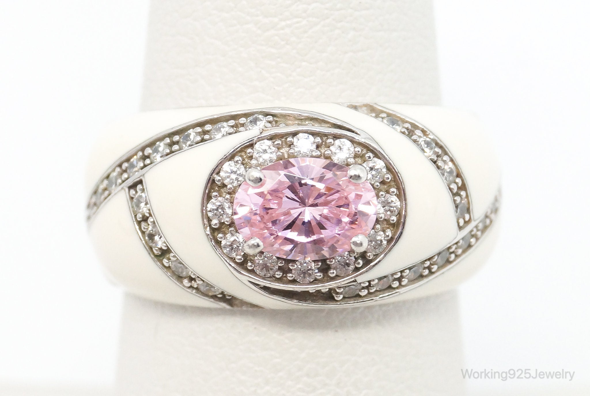 Vintage Designer Pink Cubic Zirconia White Enamel Sterling Silver Ring Sz 7