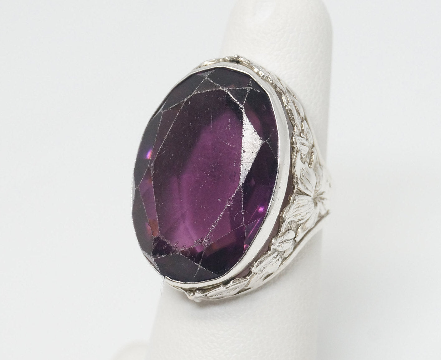 Antique Large Purple Glass Sterling Silver Ring - Size 6.5