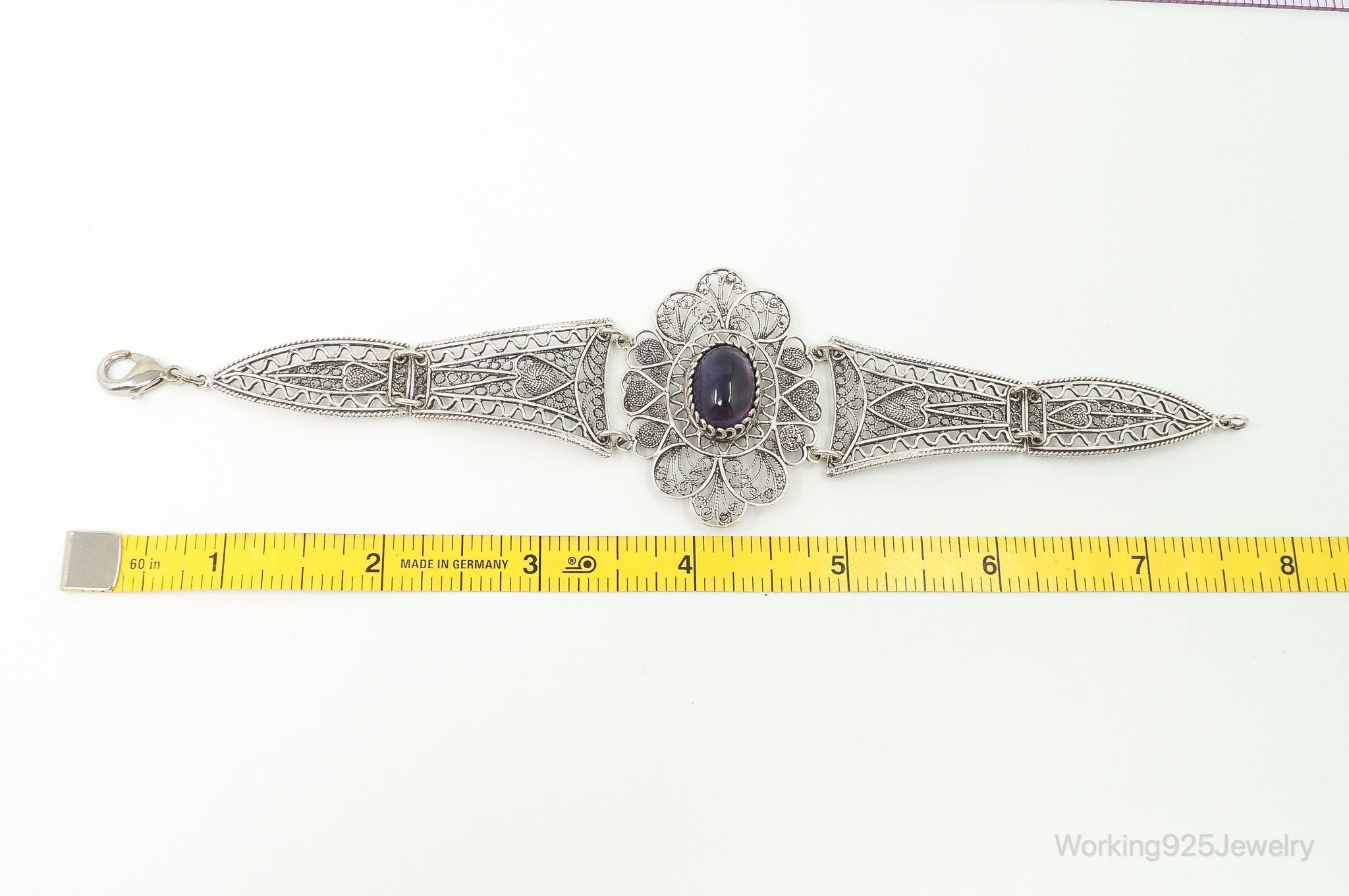 Vintage Amethyst Sterling Silver Intricate Filigree Bracelet