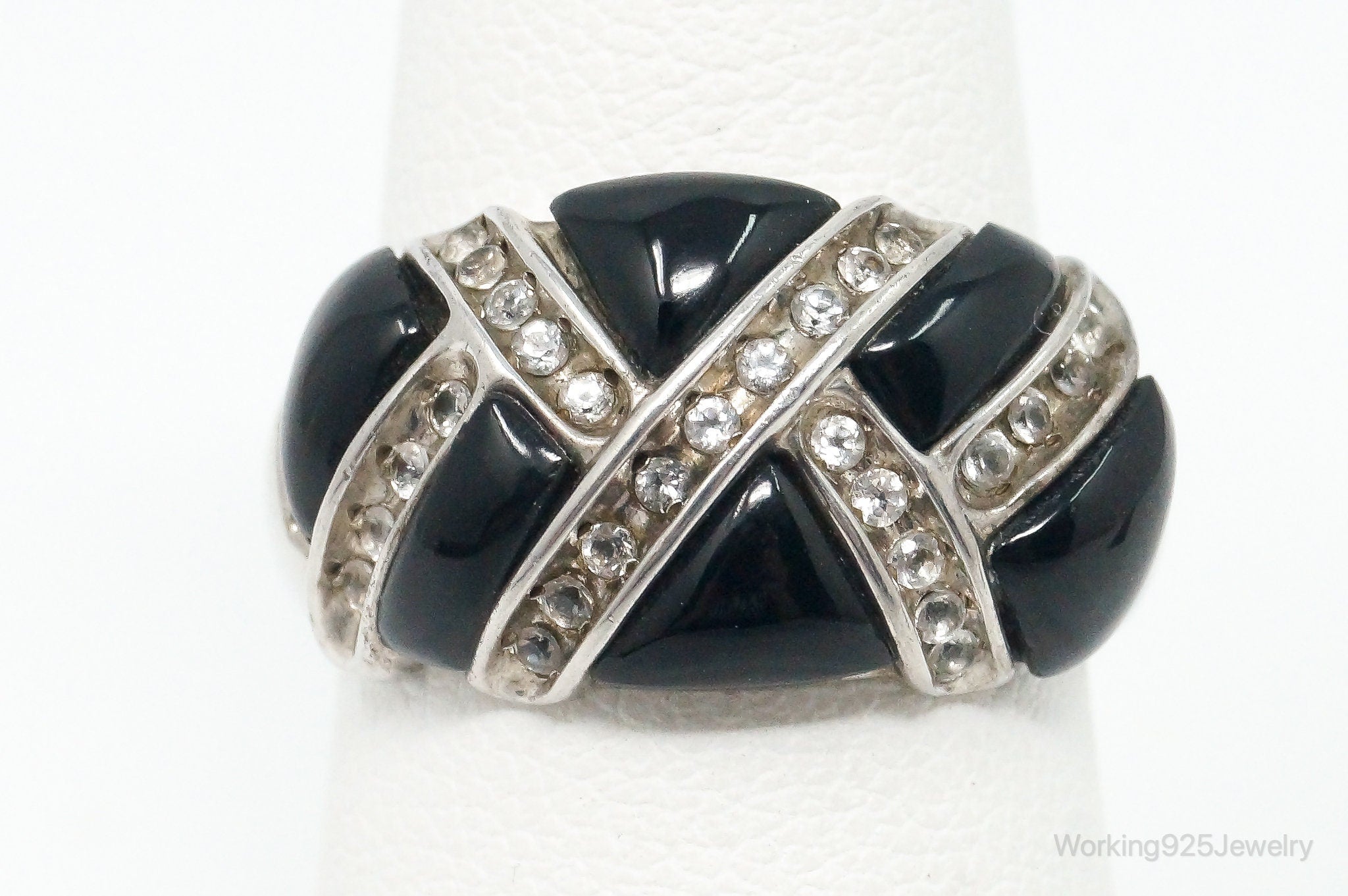 Vintage Designer Black Onyx Cubic Zirconia Sterling Silver Ring - Size 7