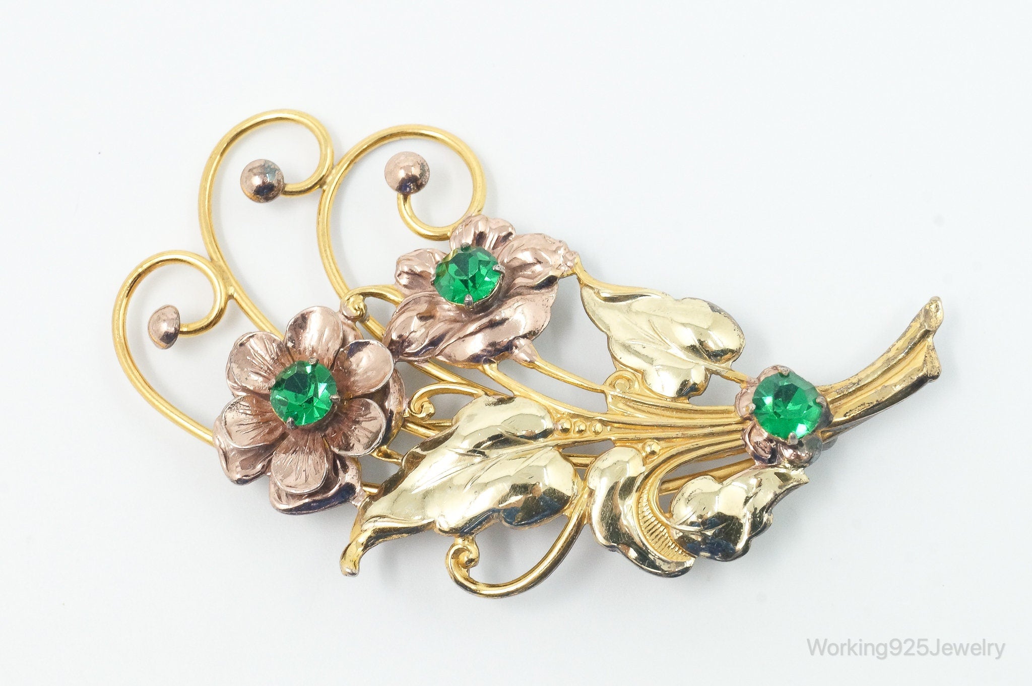 Large Vintage Green Rhinestone Flowers 12K Gold Filled Sterling Silver Brooch