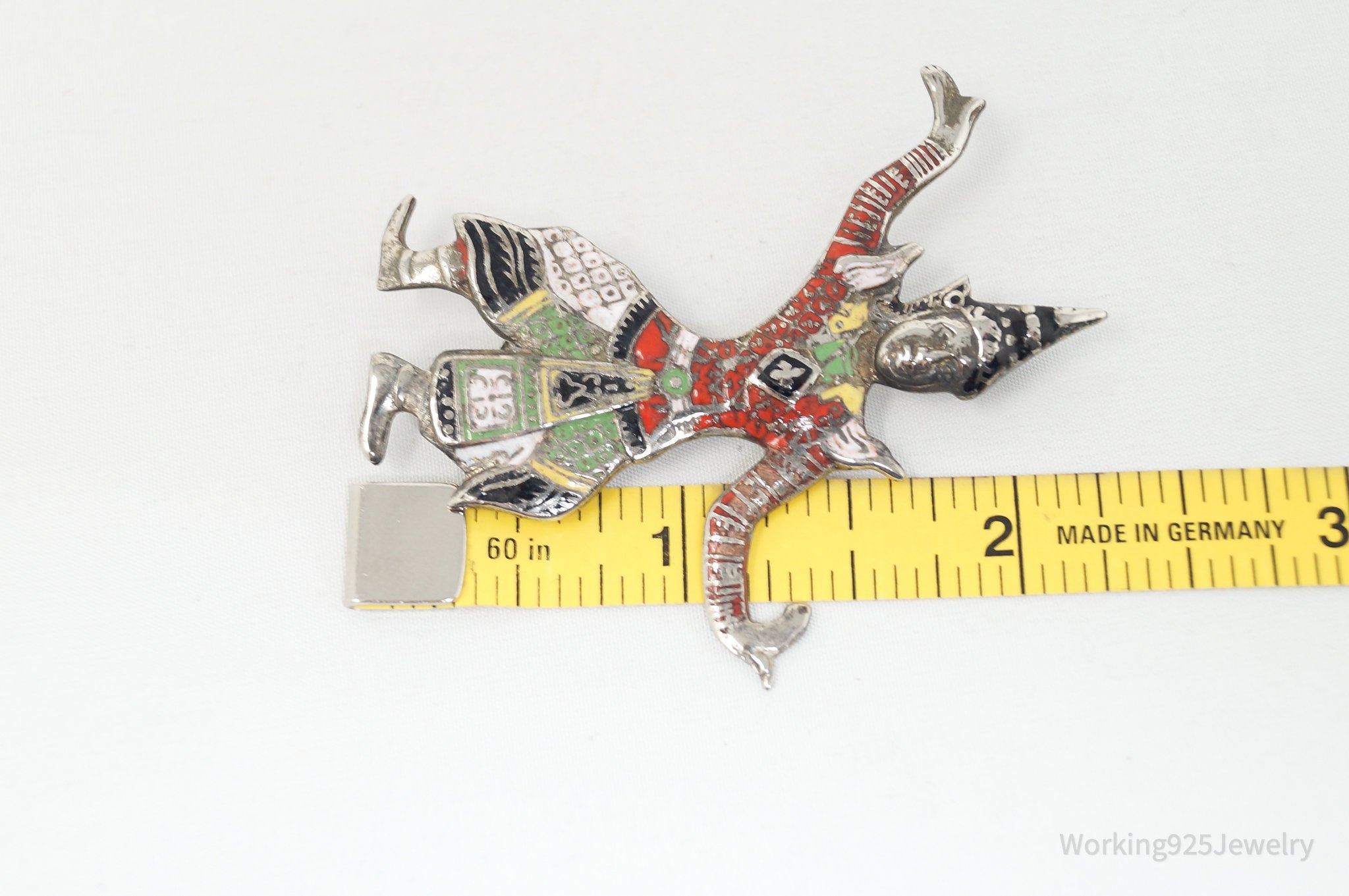 Large Vintage Thai Dancer Goddess Enamel Sterling Silver Brooch Pin