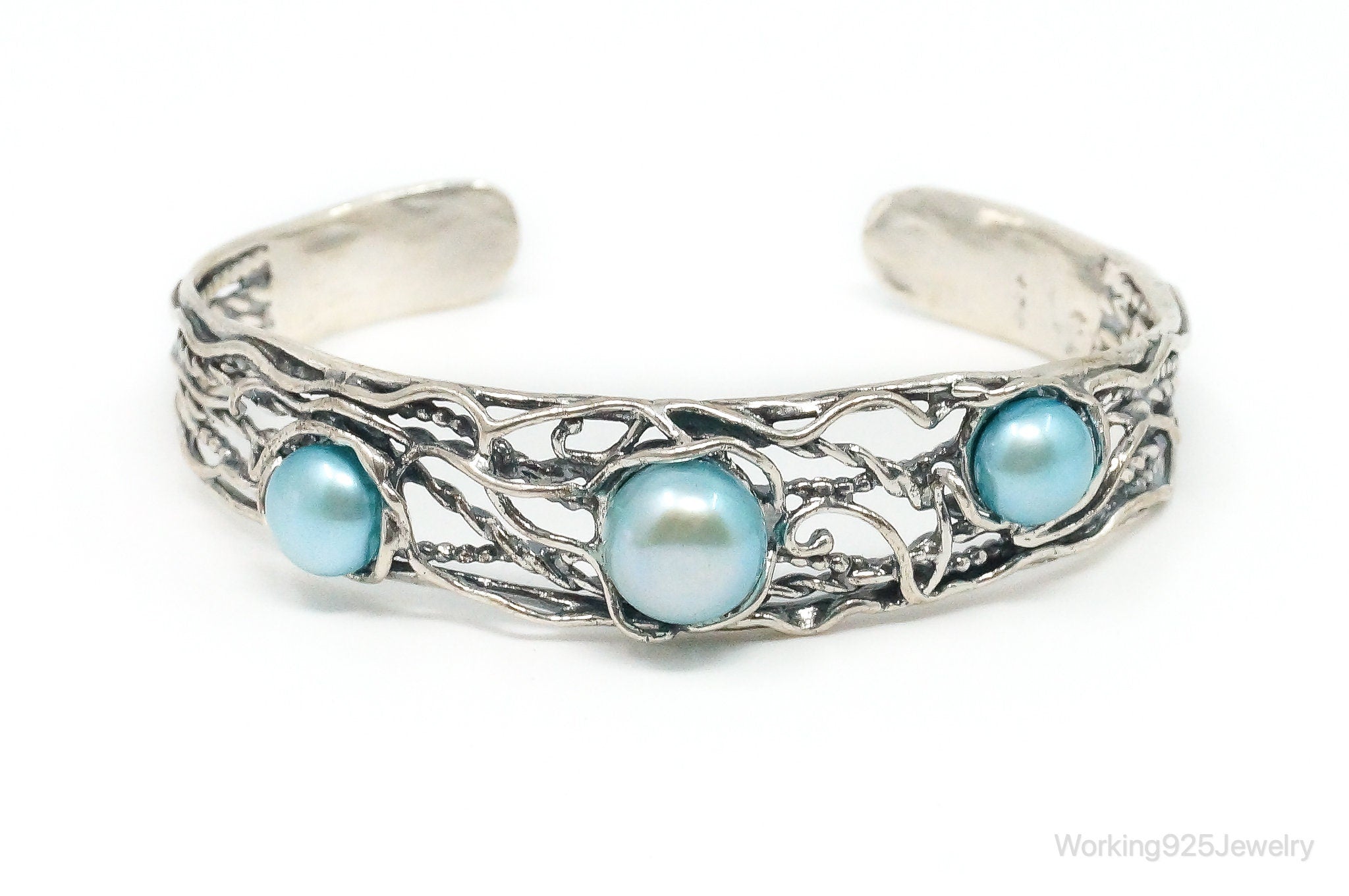 Vintage Designer Didae Blue Pearl Sterling Silver Cuff Bracelet