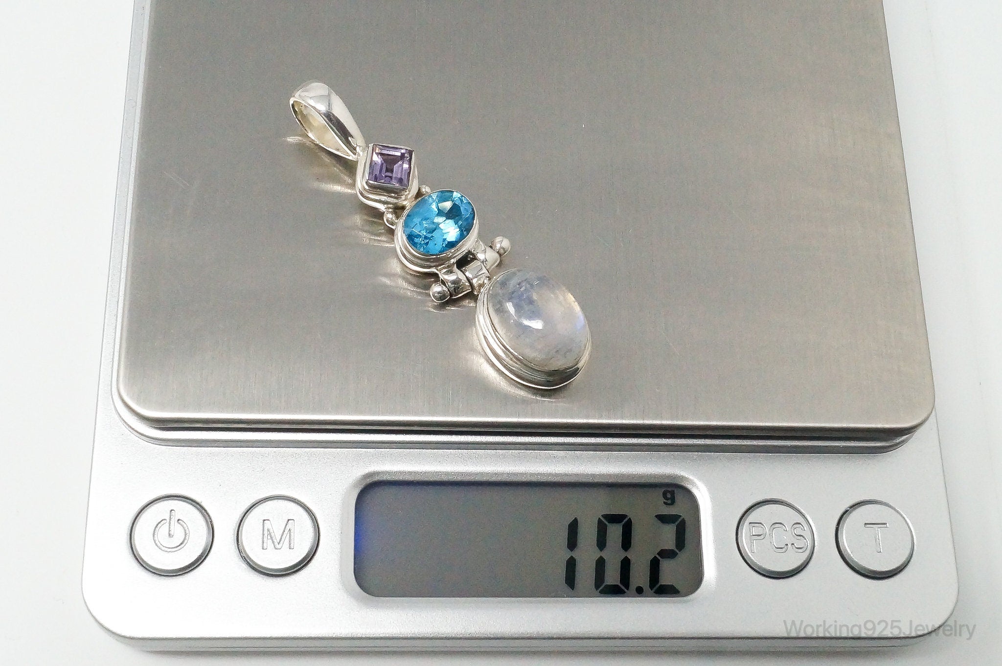 Large Vintage Blue Topaz Amethyst Moonstone Sterling Silver Pendant